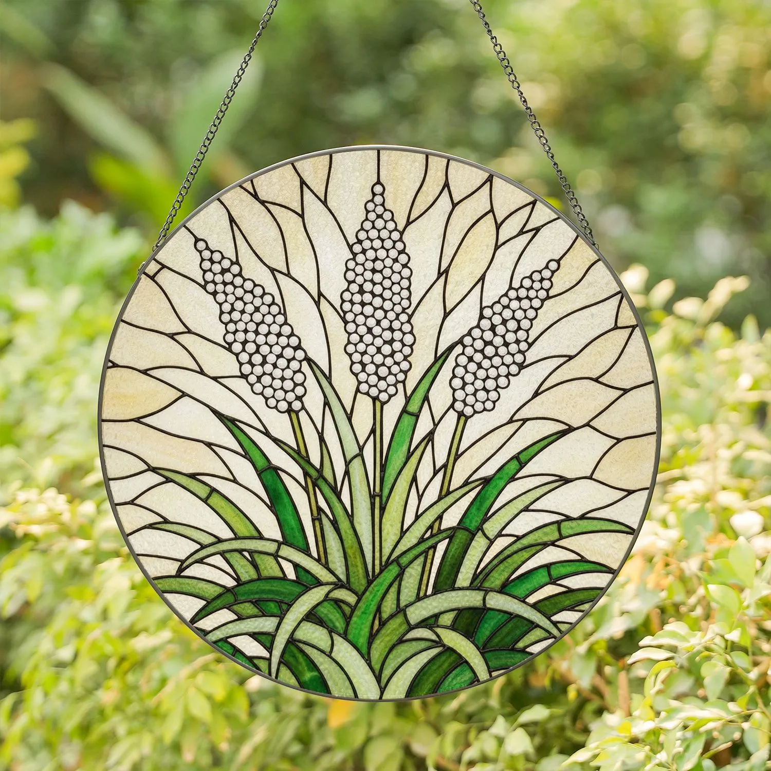 White Ornamental Grass Wheat Stalks Stained Glass Mosaic Art - Botanical Nature Decor Stained Glass Suncatcher - 1