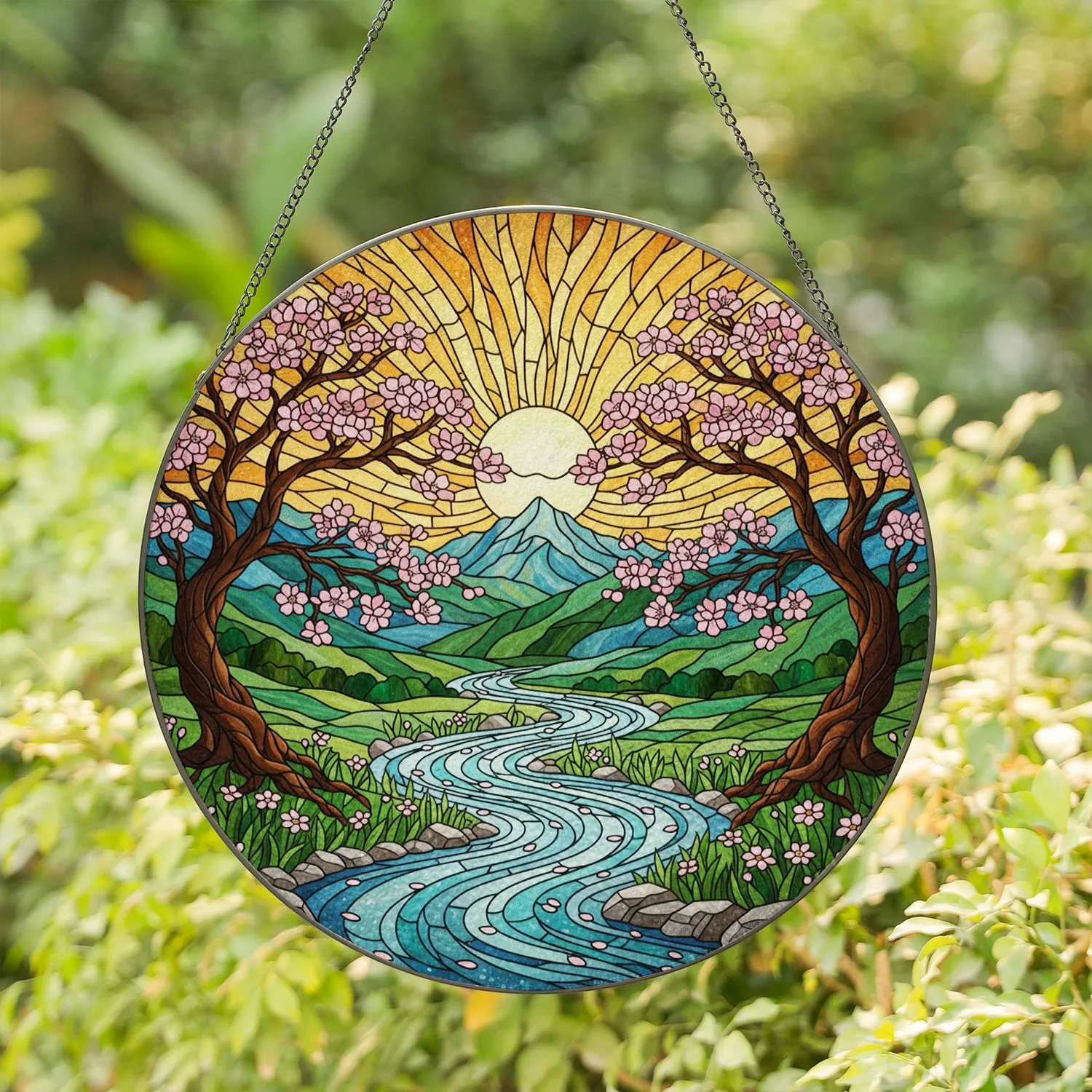 Tiffany Cherry Blossom River Stained Glass Spring Landscape Moon Hills Mountains Stained Glass Suncatcher - 1