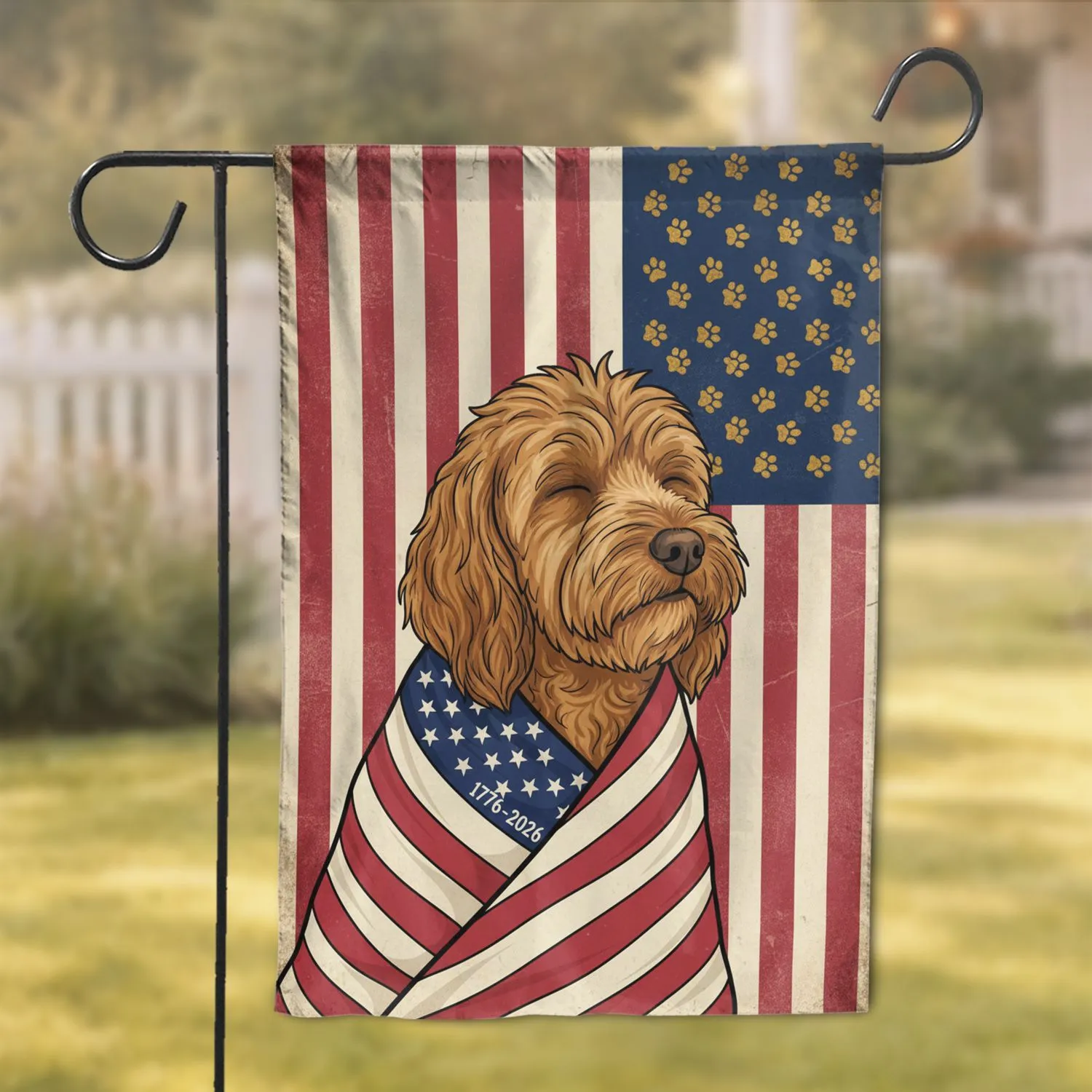 Fluffy Golden Dog American Flag 1776-2026 - USA 250th Anniversary Patriot Paw Garden Flag - 1