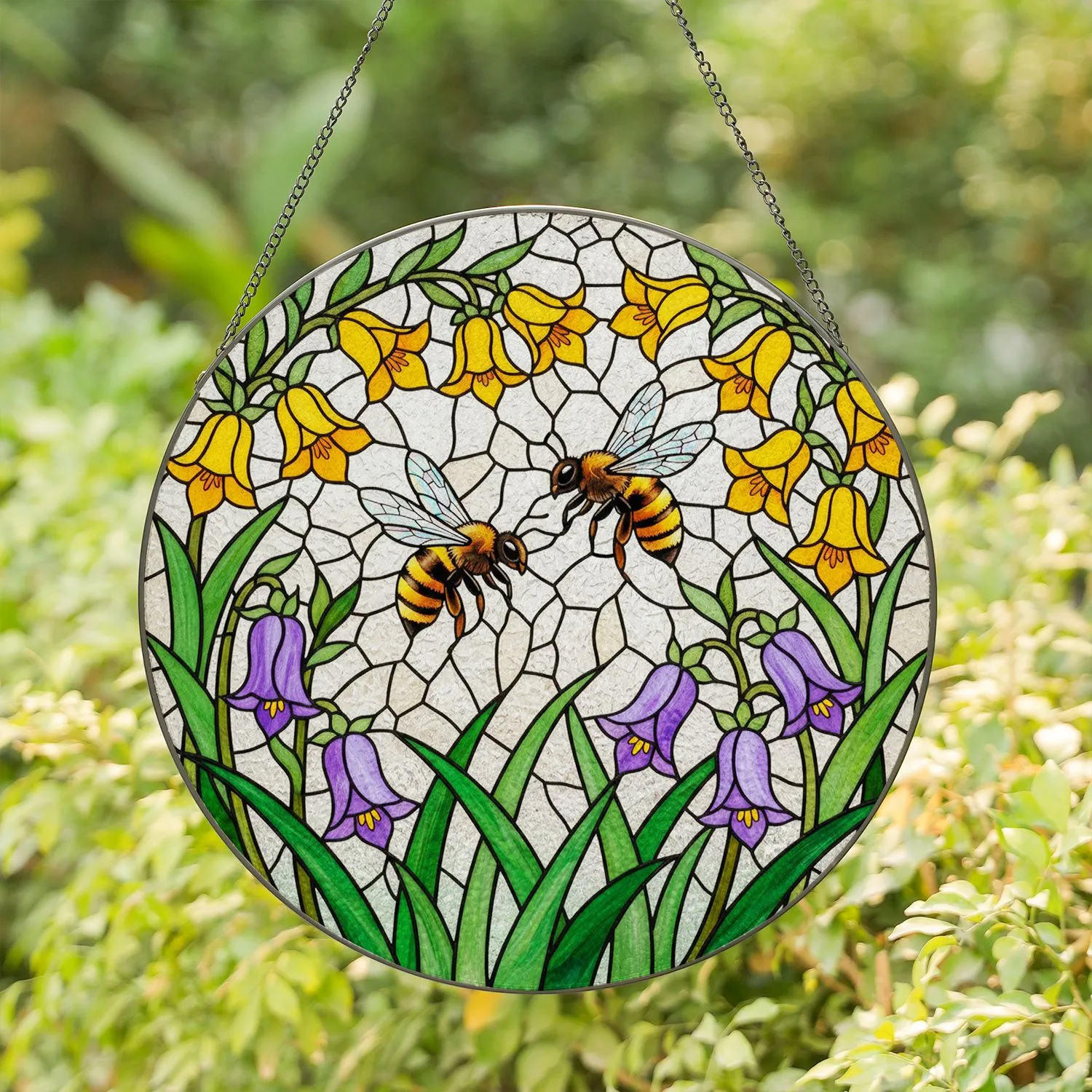 Honey Bee Stained Glass Jewel Tones Yellow Purple Floral Mosaic - Tiffany Window Decor Stained Glass Suncatcher - 1