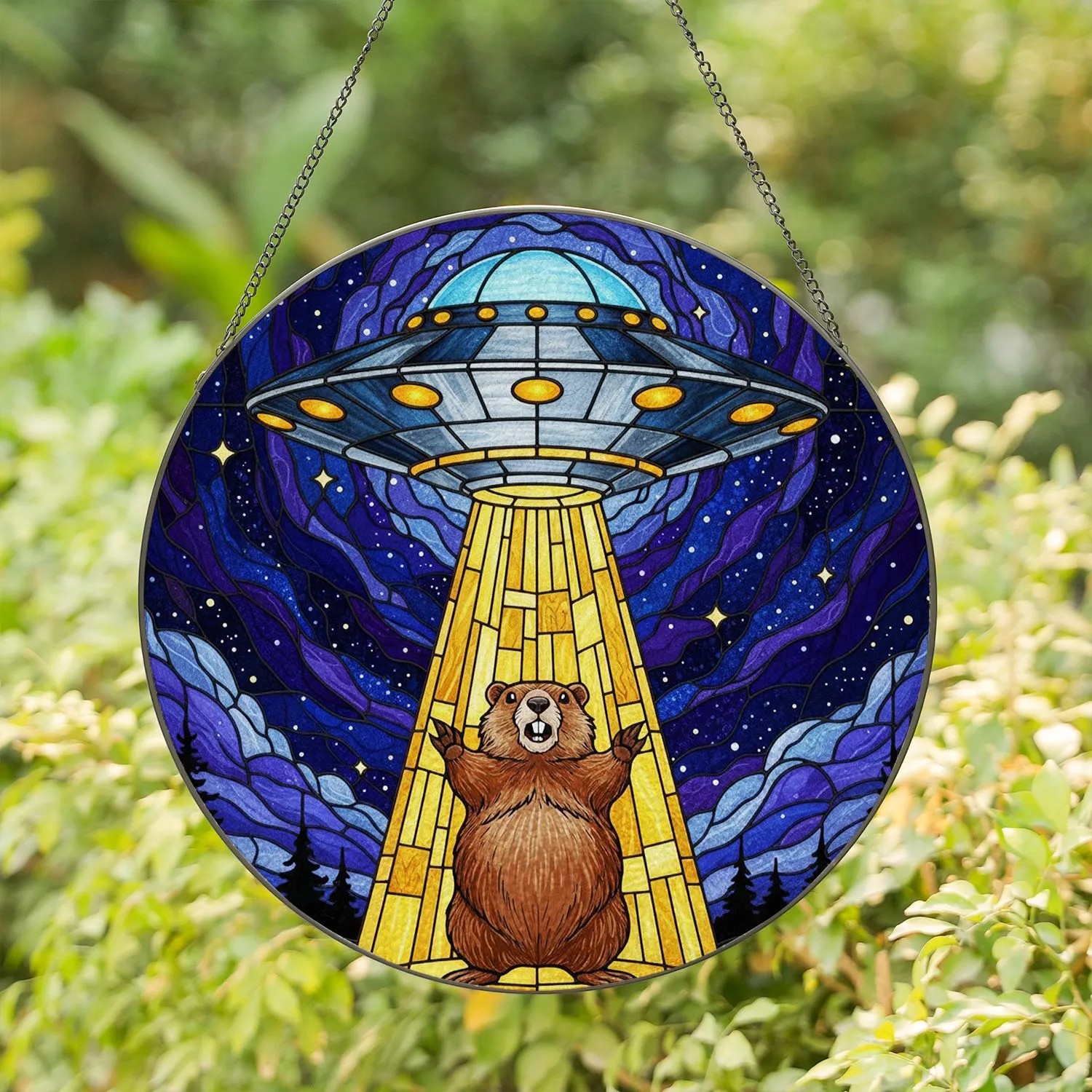 UFO Groundhog Abduction Stained Glass Cosmic Night Sky Tiffany Style - Sci-Fi Lover Gift Stained Glass Suncatcher - 1