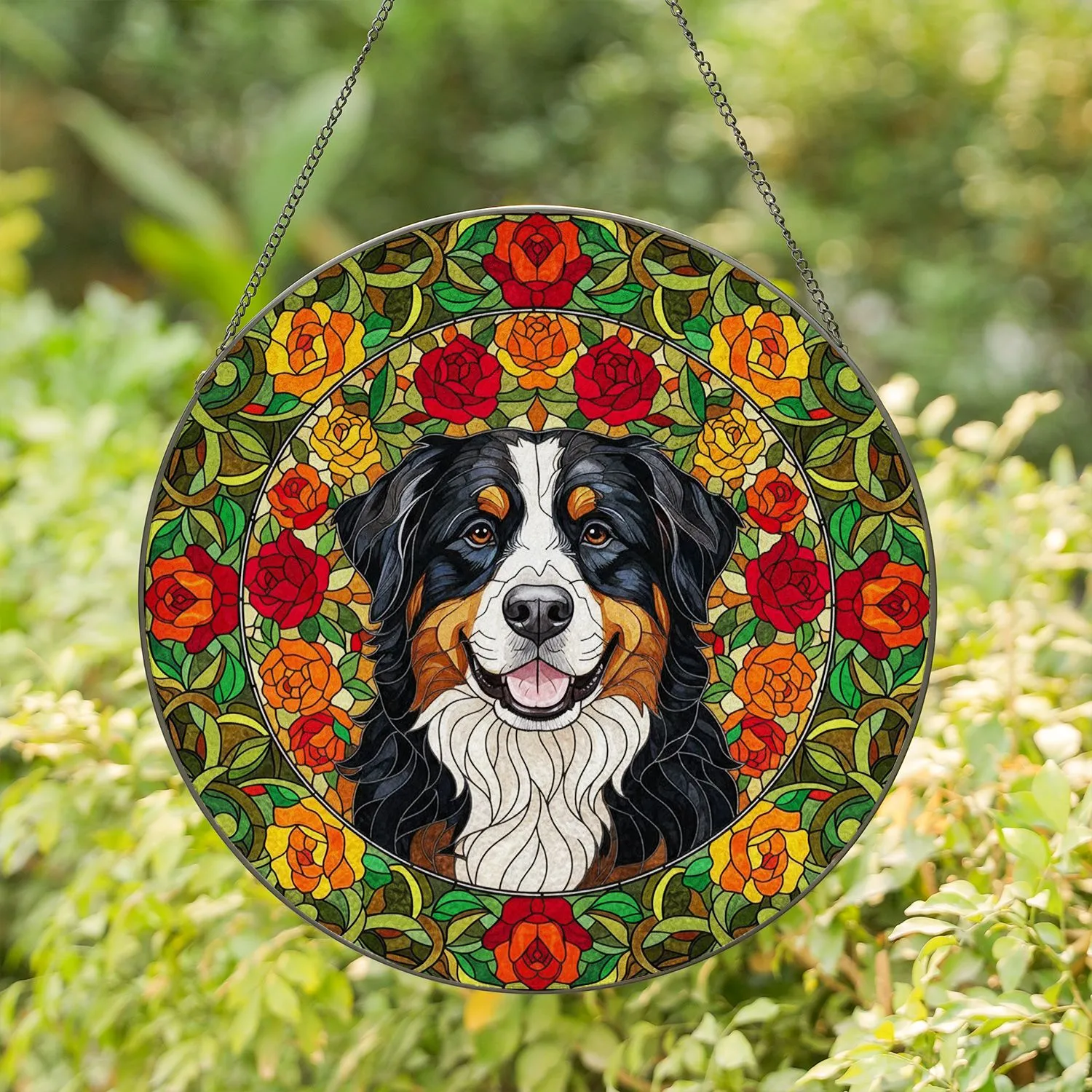 Bernese Mountain Dog Stained Glass Roses - Tiffany Style Jewel Tone Floral Mosaic Art Stained Glass Suncatcher - 1