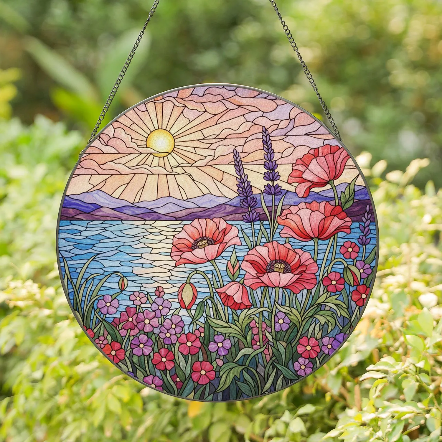 Stained Glass Poppies Lavender Wildflowers Landscape - Tiffany Style Sunrise Sunset Art Stained Glass Suncatcher - 1