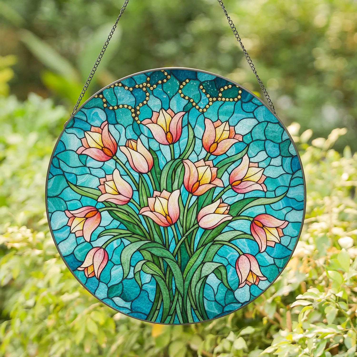 Blooming Tulips Tiffany Stained Glass Art Jewel Tones Teal Aqua Mosaic Decor Stained Glass Suncatcher - 1