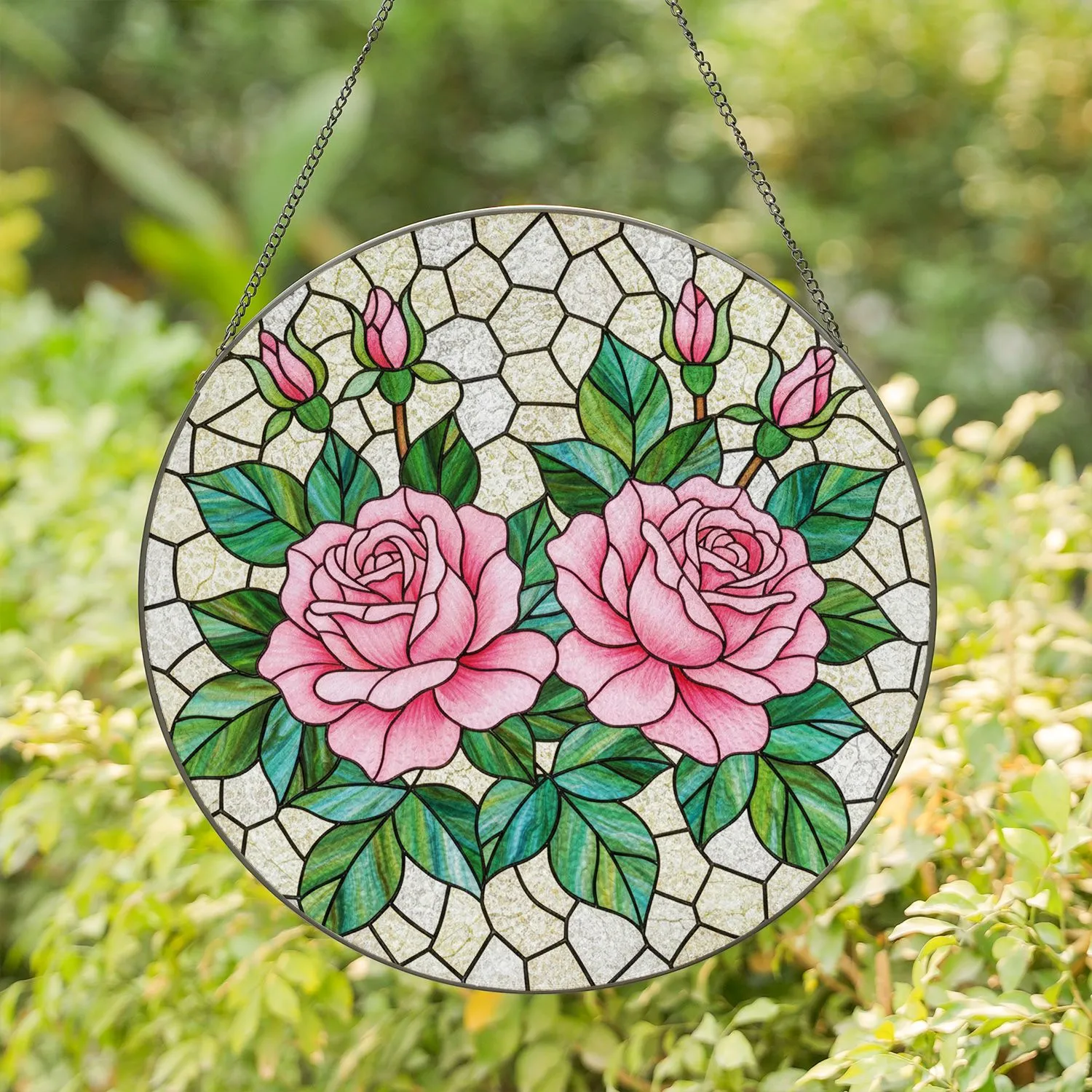 Pink Roses Detailed Stained Glass Art Tiffany Style Rosebuds Green Leaves Mosaic Clear Glass Stained Glass Suncatcher - 1