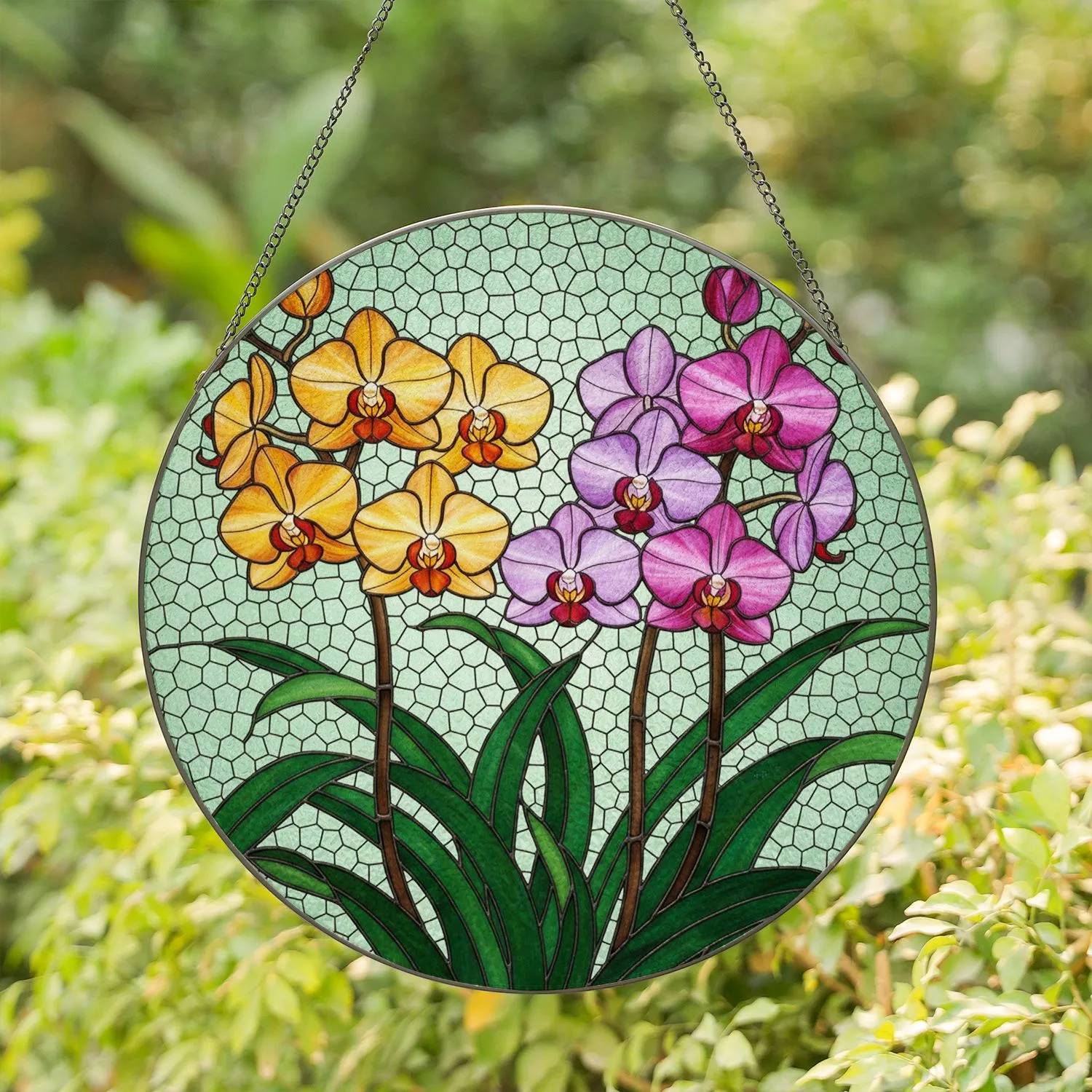 Tiffany Style Stained Glass Blooming Orchid Flowers, Golden Yellow Fuchsia Colorful Intricate Art Stained Glass Suncatcher - 1