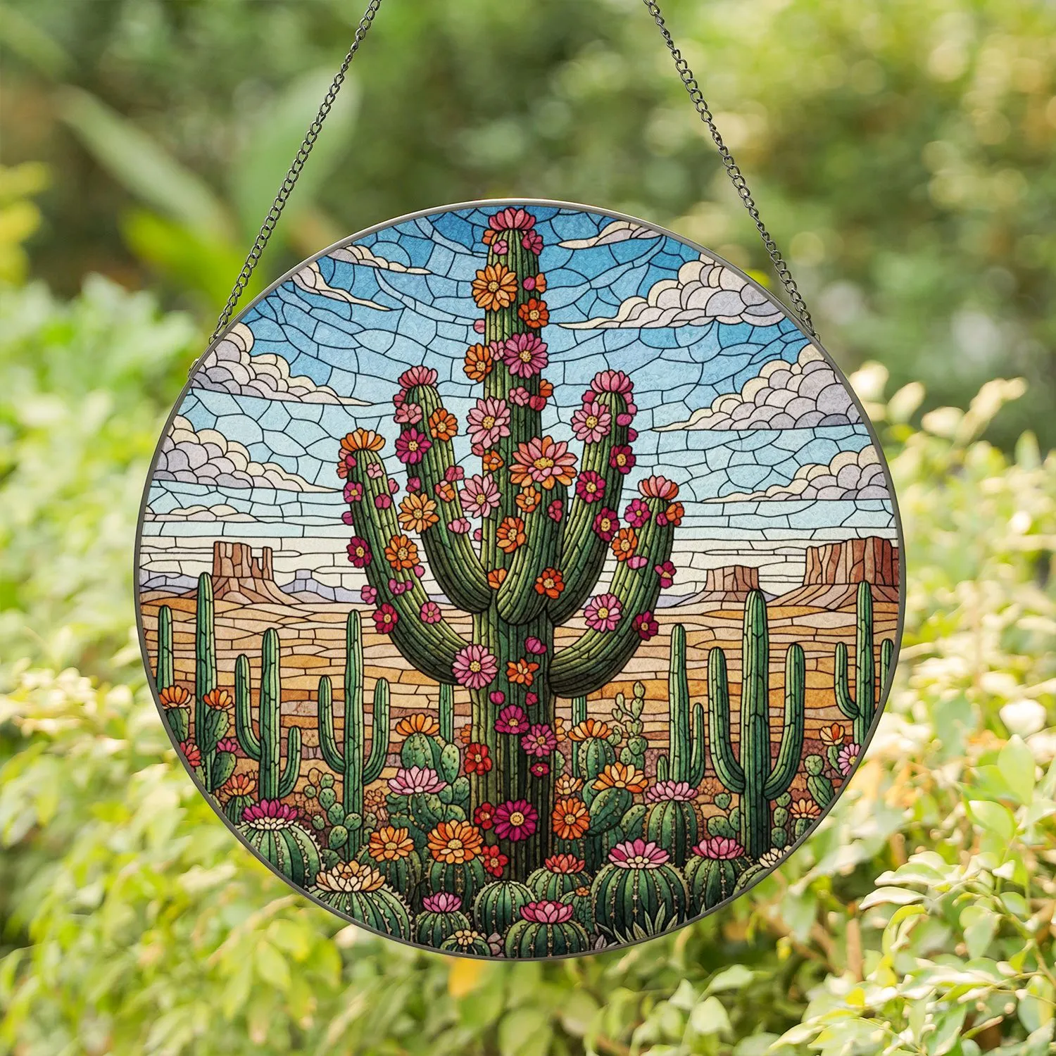 Saguaro Cactus Barrel Cacti Desert Landscape Jewel Tone Tiffany Style Stained Glass Art Stained Glass Suncatcher - 1