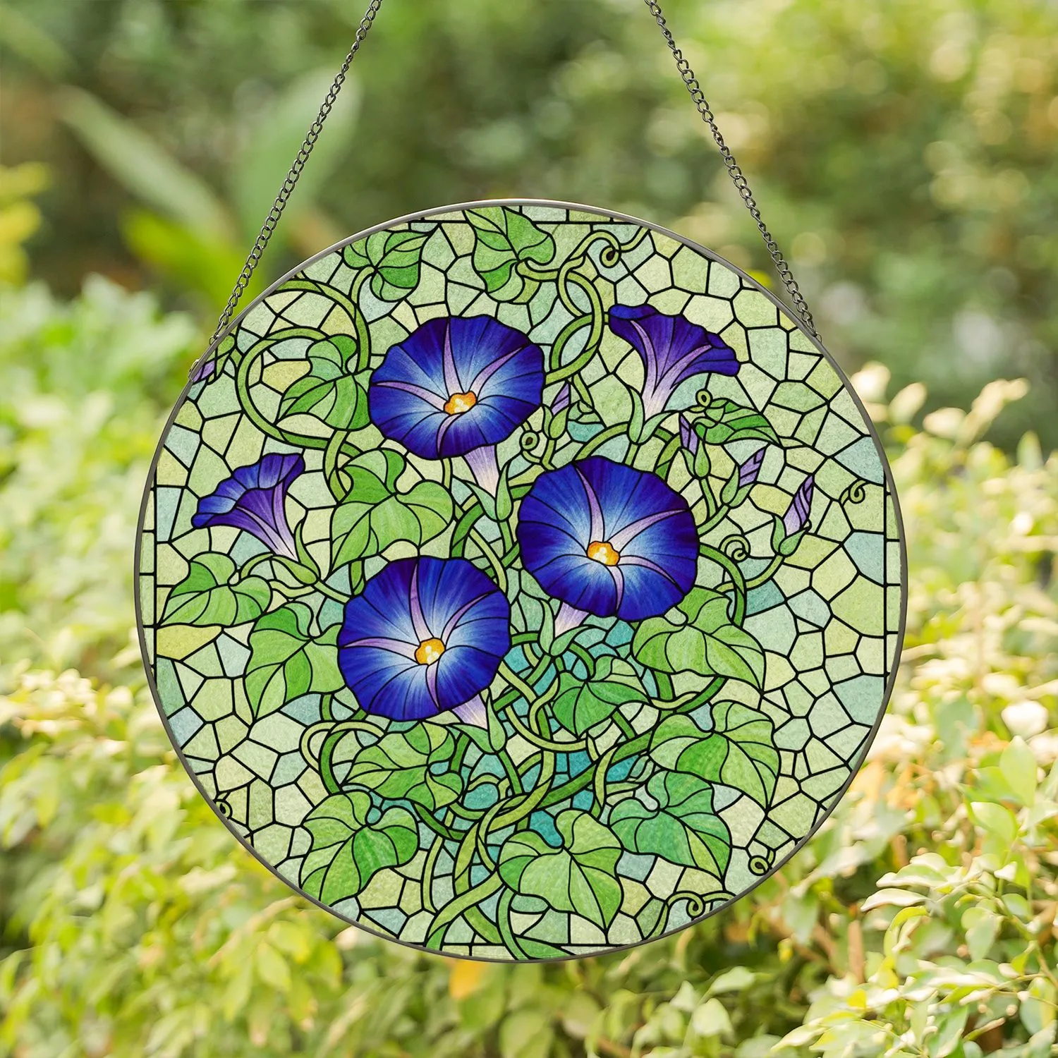 Morning Glory Flowers Tiffany Style Stained Glass - Intricate Mosaic Art with Vines & Buds Stained Glass Suncatcher - 1