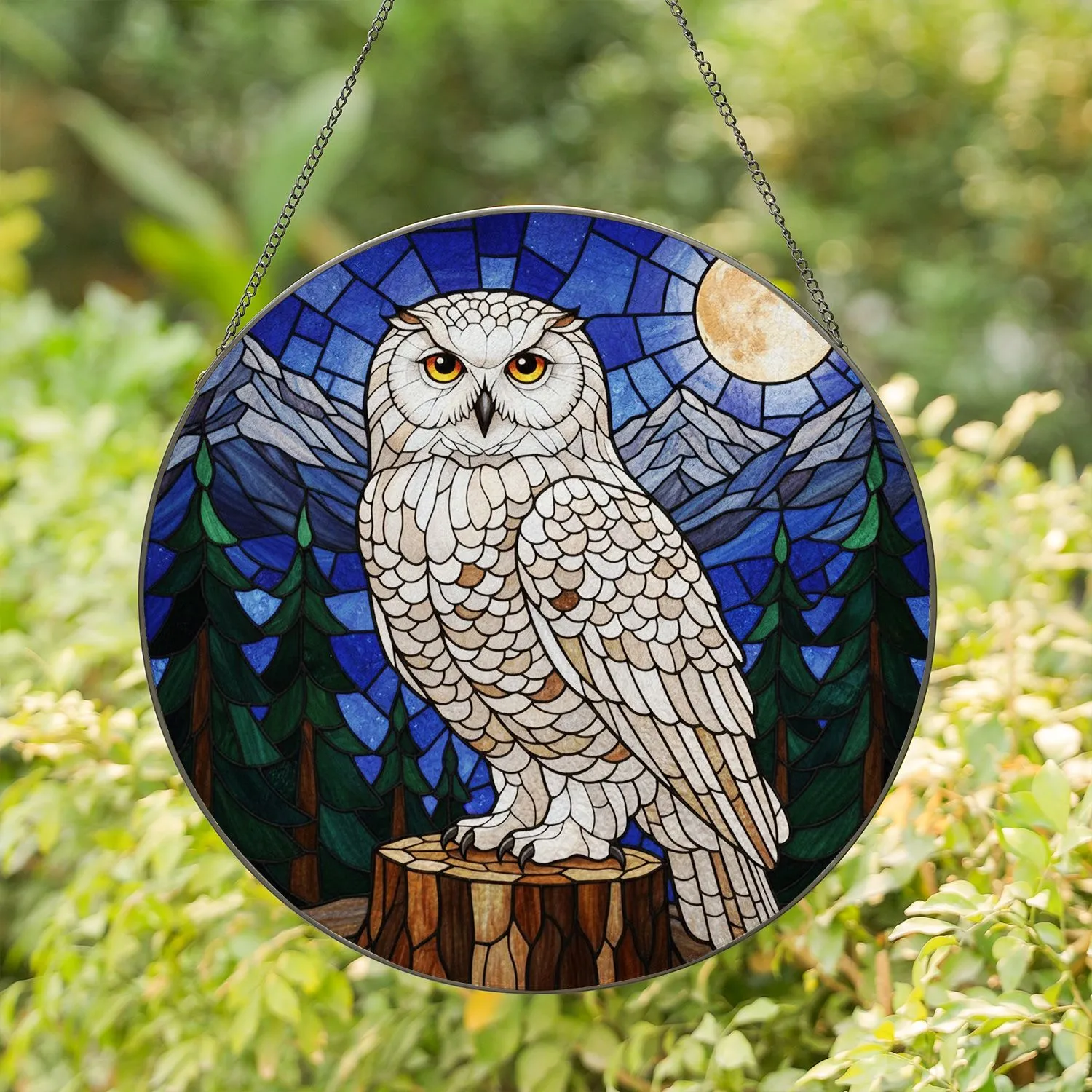 Majestic Snowy Owl Stained Glass - Mountain Night Sky Full Moon Pine Forest Decor Stained Glass Suncatcher - 1