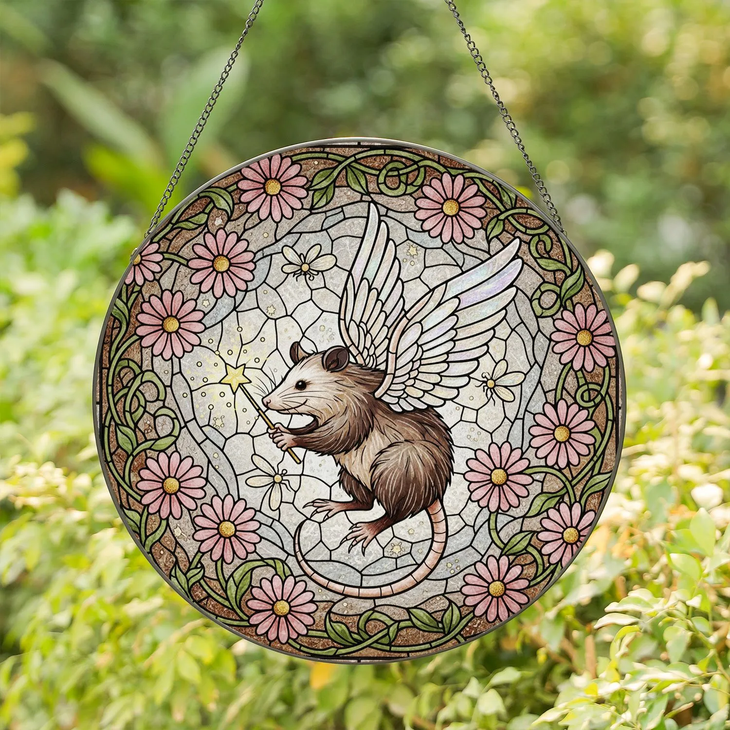 Opossum Fairy Stained Glass Magic Wand Iridescent Wings Pink Daisies Tiffany Mosaic Stained Glass Suncatcher - 1