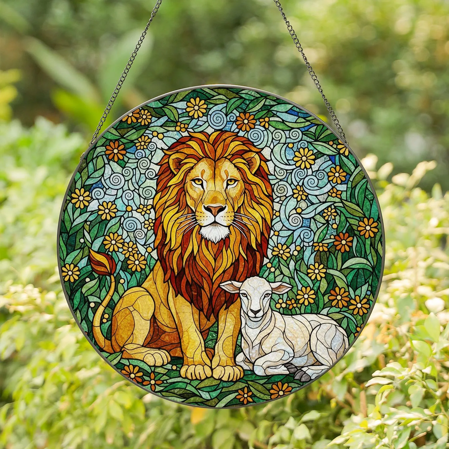 Lion Lamb Tiffany Stained Glass Art Lush Green Foliage Wildflower Mosaic Jewel Tones Stained Glass Suncatcher - 1