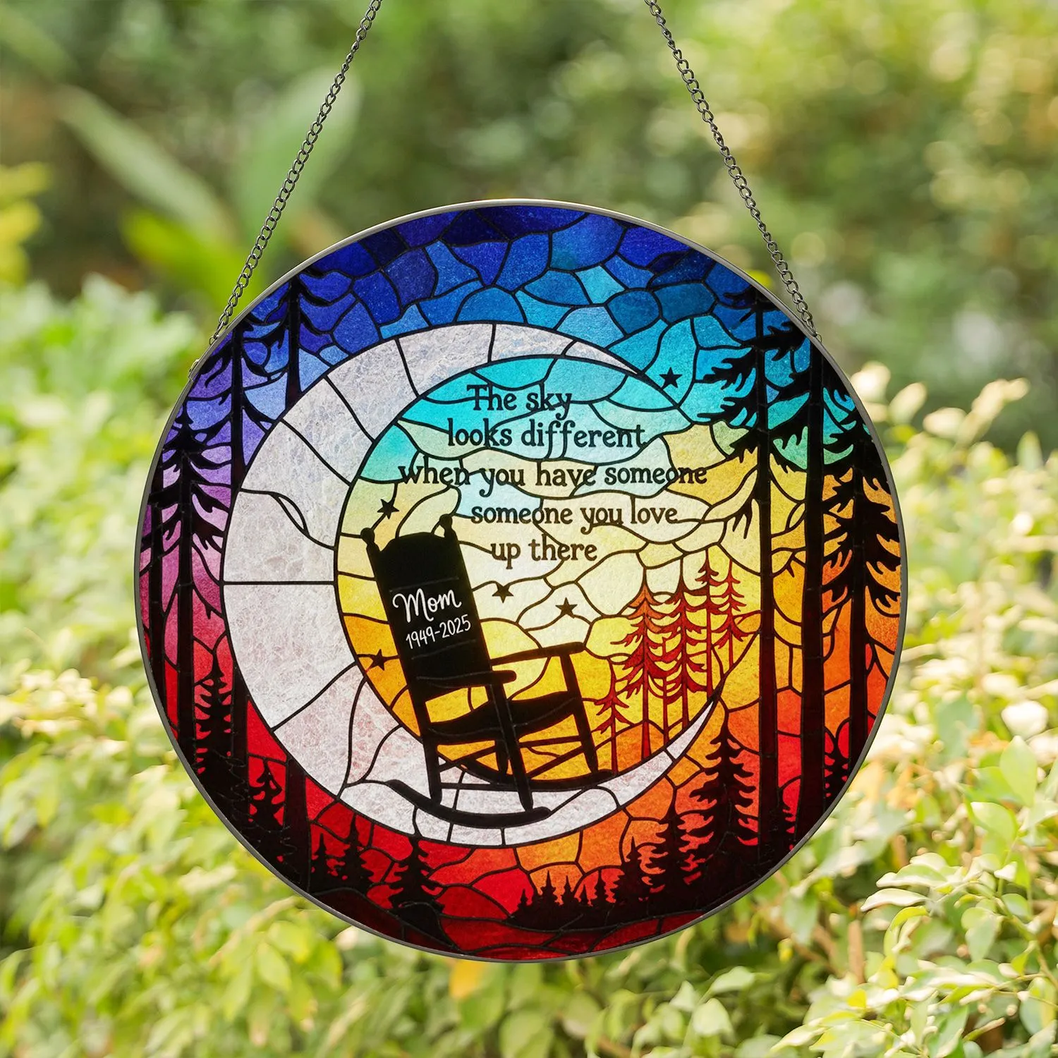 Mom 1949-2025 Rocking Chair Crescent Moon Pine Forest Sunset Stained Glass Memorial Stained Glass Suncatcher - 1