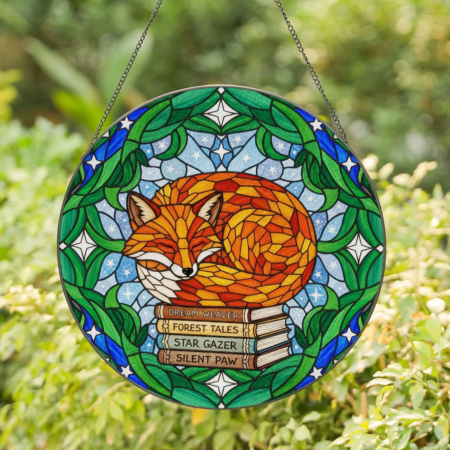 Sleeping Fox Books Stained Glass Tiffany Window Decor - Jewel Tone Leaf Mosaic Art Stained Glass Suncatcher - 1