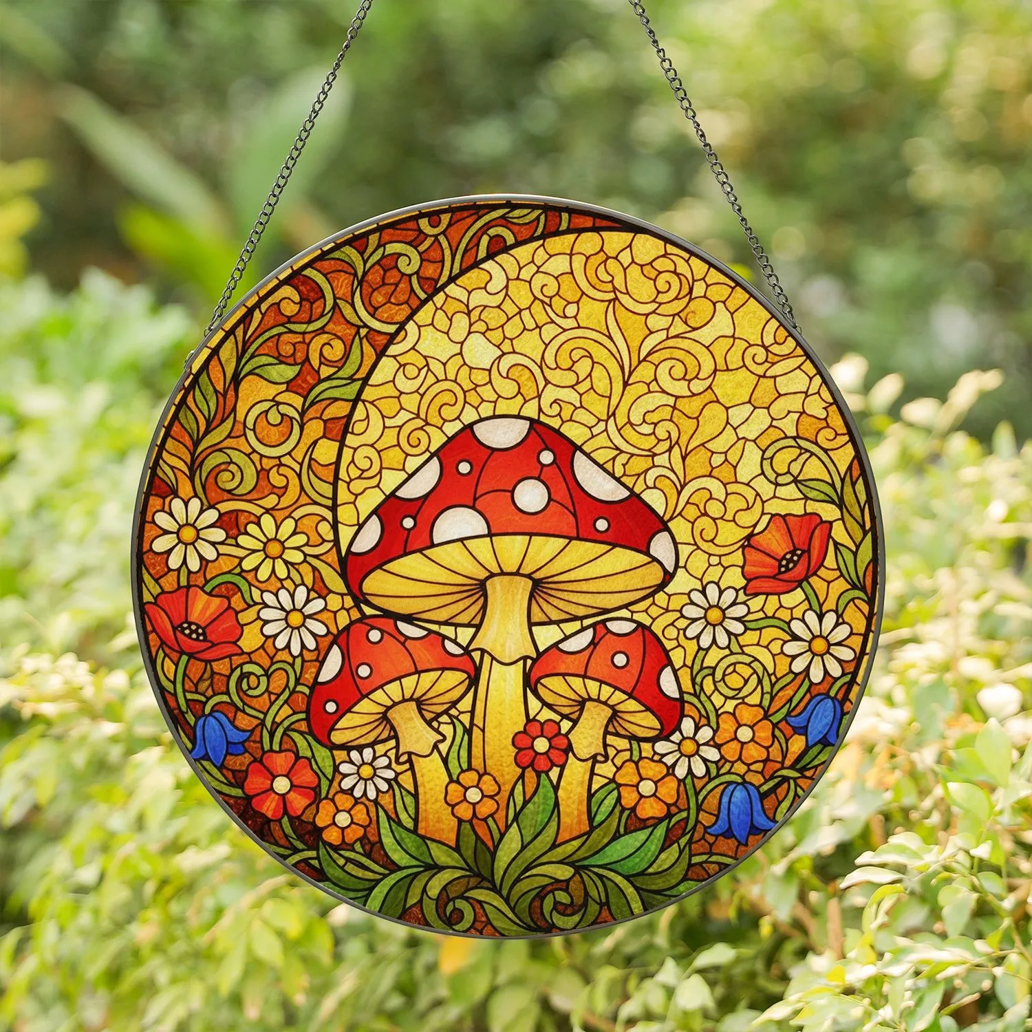 Mushroom Wildflower Crescent Moon Tiffany Glass Art - Glowing Nature Decor Gift Stained Glass Suncatcher - 1