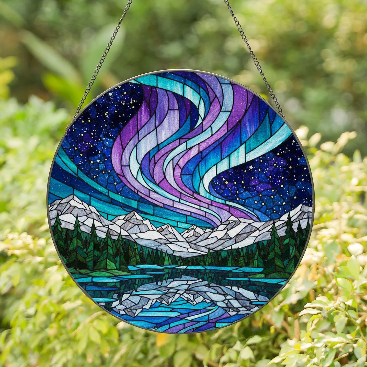 Aurora Borealis Stained Glass Mountain Lake Starry Sky Pine Trees Colorful Night Stained Glass Suncatcher - 1