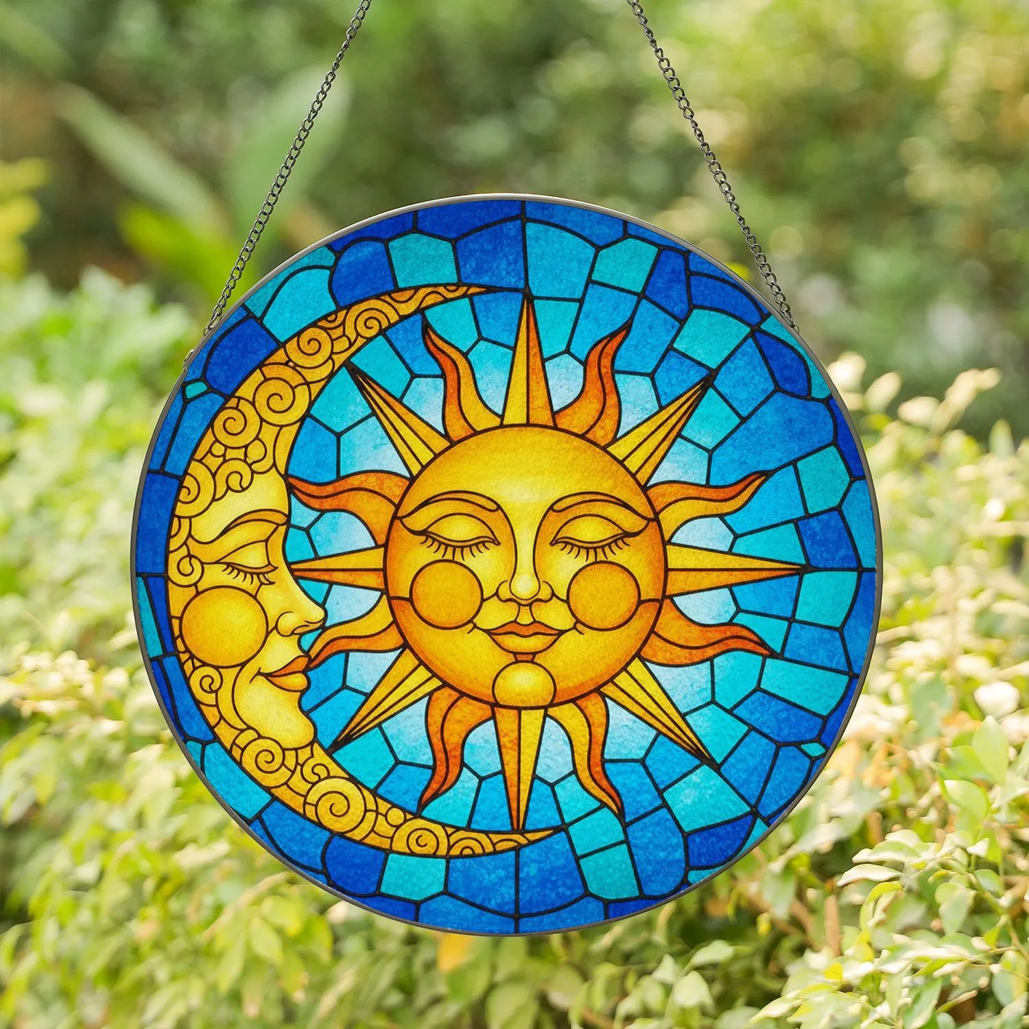 Sun Moon Face Celestial Mosaic Tiffany Stained Glass - Radiant Golden Aqua Art Stained Glass Suncatcher - 1
