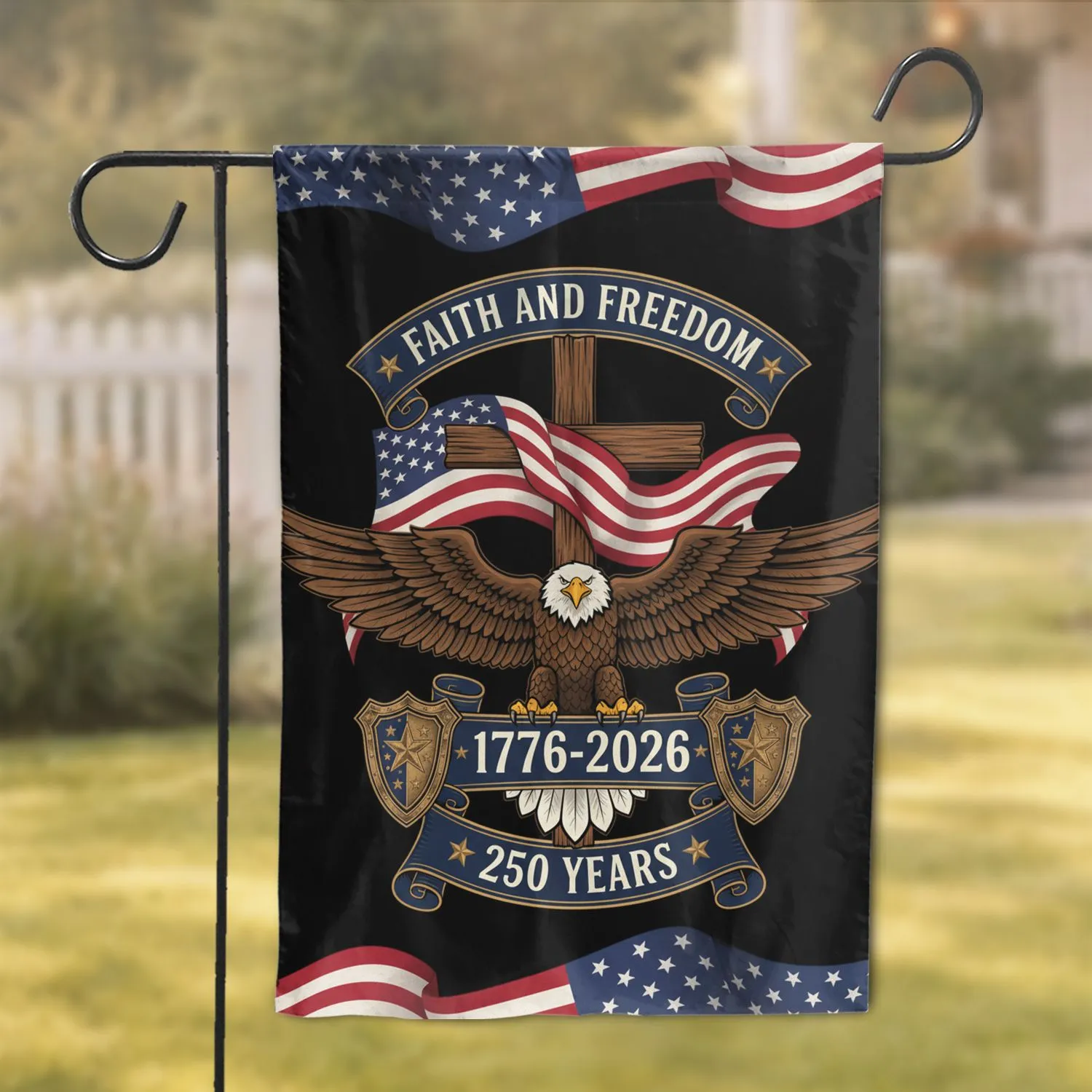Bald Eagle American Flag Cross - USA 250th Anniversary 1776-2026 Faith Freedom Garden Flag - 1
