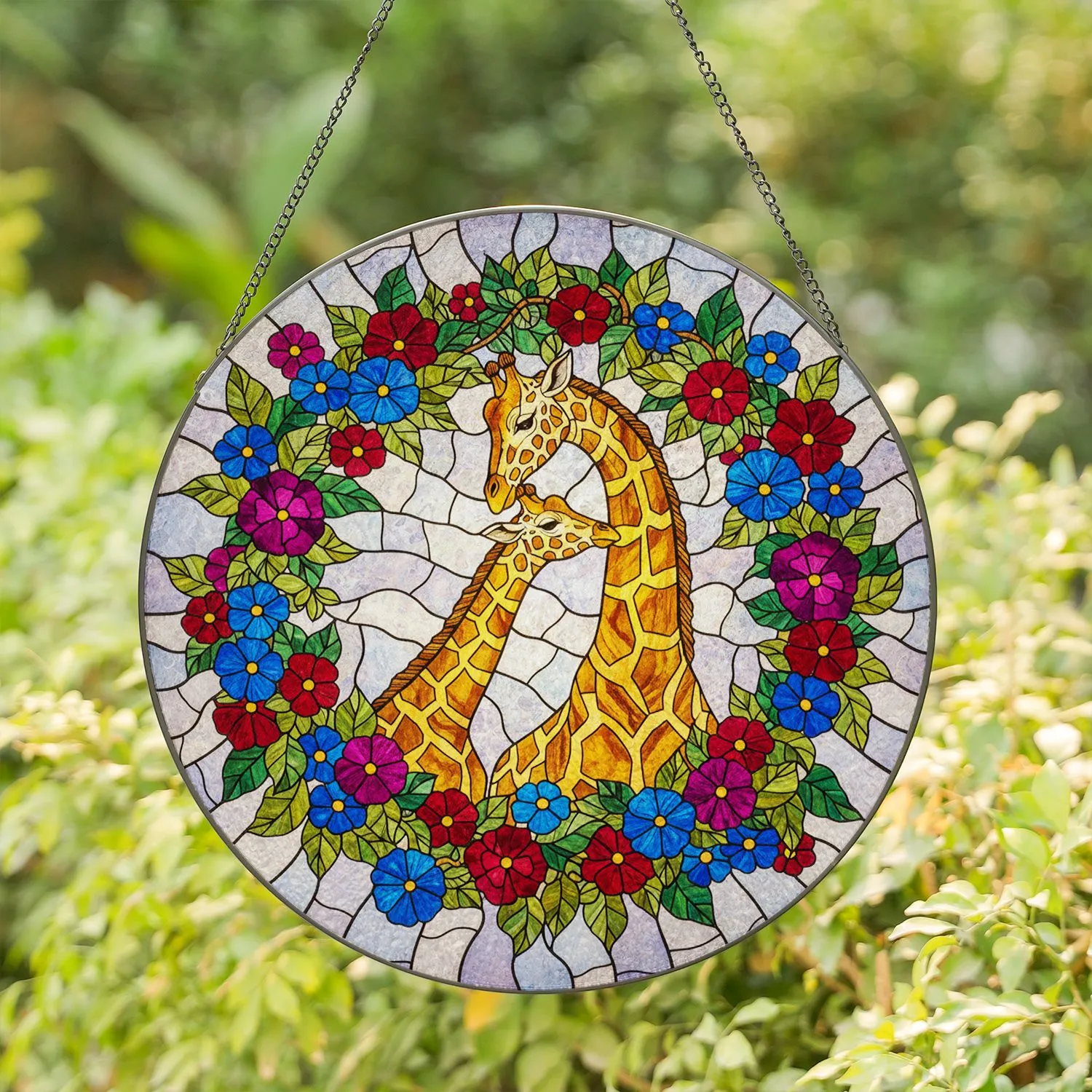 Highly Detailed Stained Glass Giraffes Nuzzling Heart - Tiffany Style Jewel Tones Flowers Stained Glass Suncatcher - 1