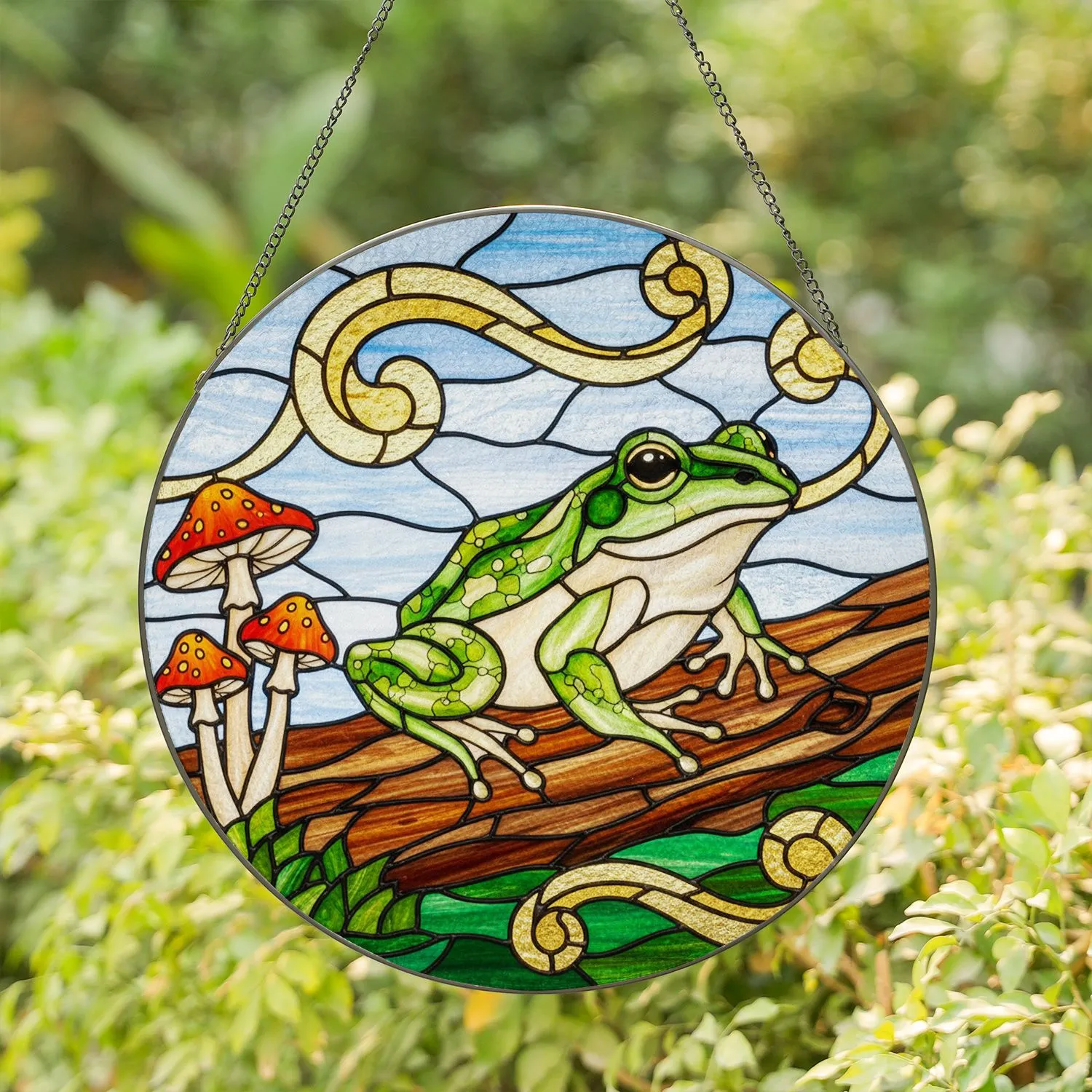 Green Frog on Log with Mushrooms - Tiffany Style Stained Glass Jewel Tones Art Stained Glass Suncatcher - 1