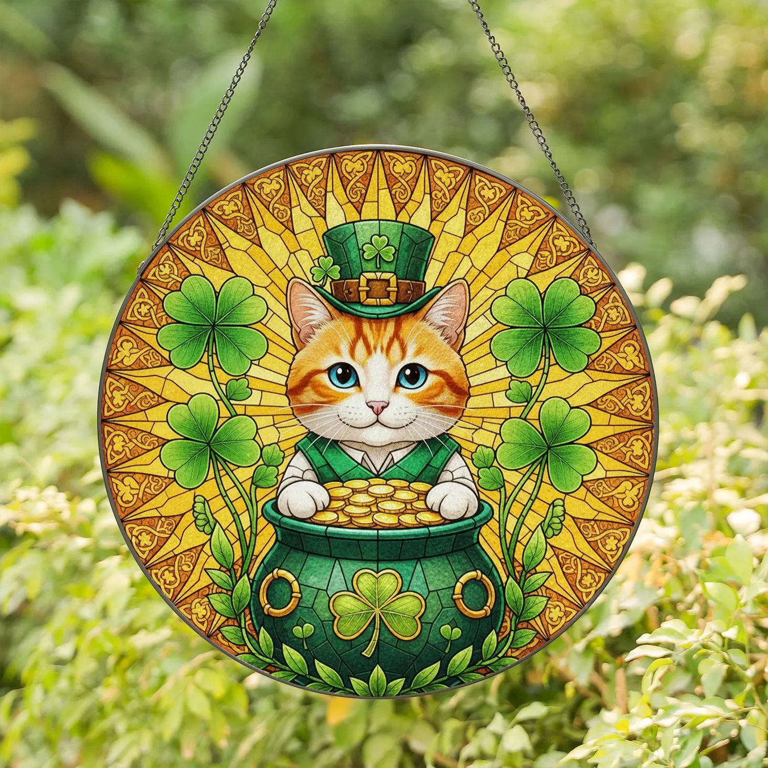 Tabby Cat Leprechaun Pot of Gold Shamrock Celtic Knot Sunburst - St. Patrick's Day Cat Lover Gift Stained Glass Suncatcher - 1