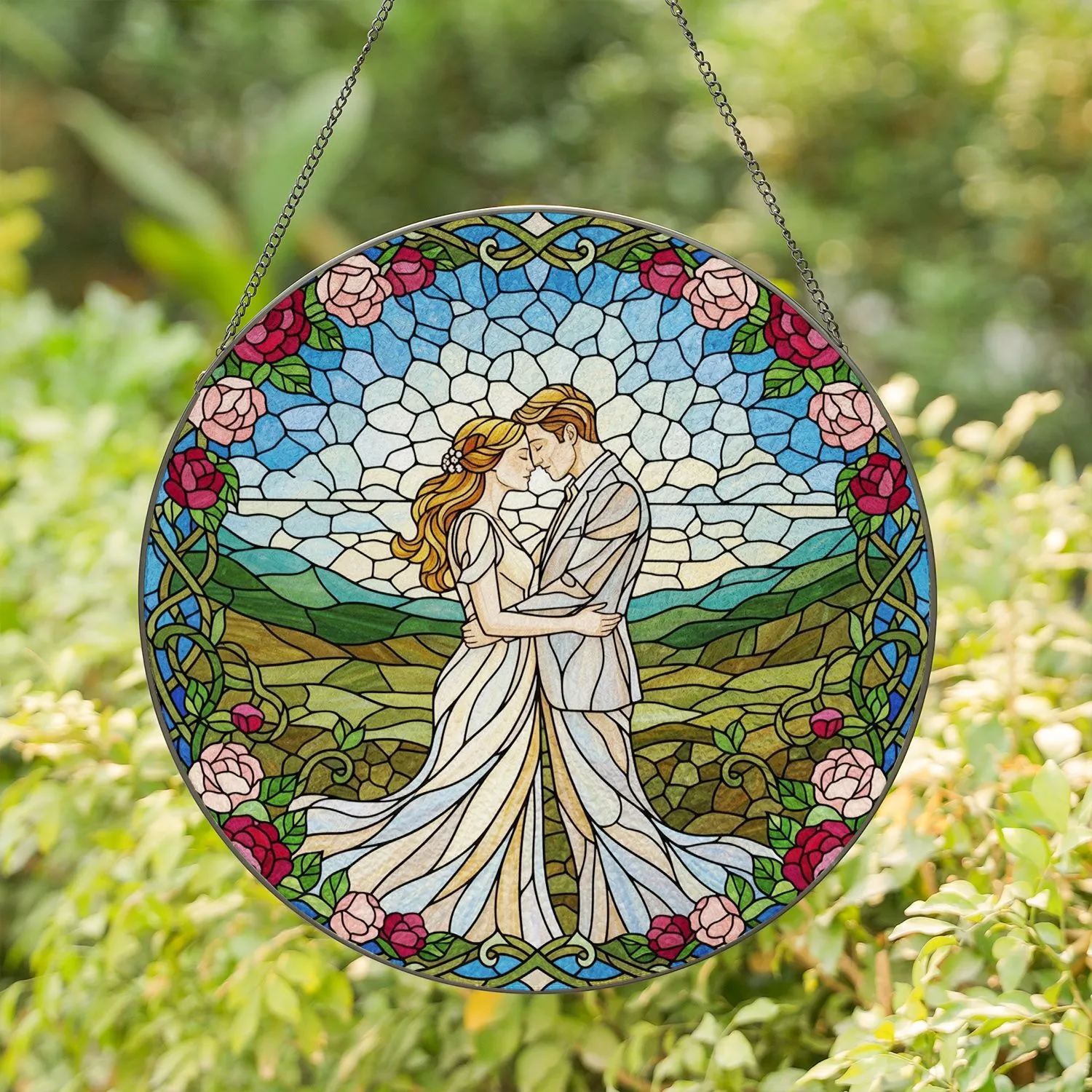 Intimate Embracing Couple Tiffany Style Stained Glass Blooming Roses Dreamlike Landscape Art Stained Glass Suncatcher - 1
