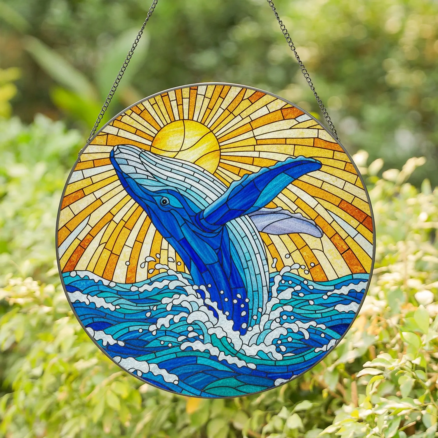 Majestic Blue Whale Breaching Ocean Waves Sunrise - Tiffany Glass Style Marine Life Art Stained Glass Suncatcher - 1