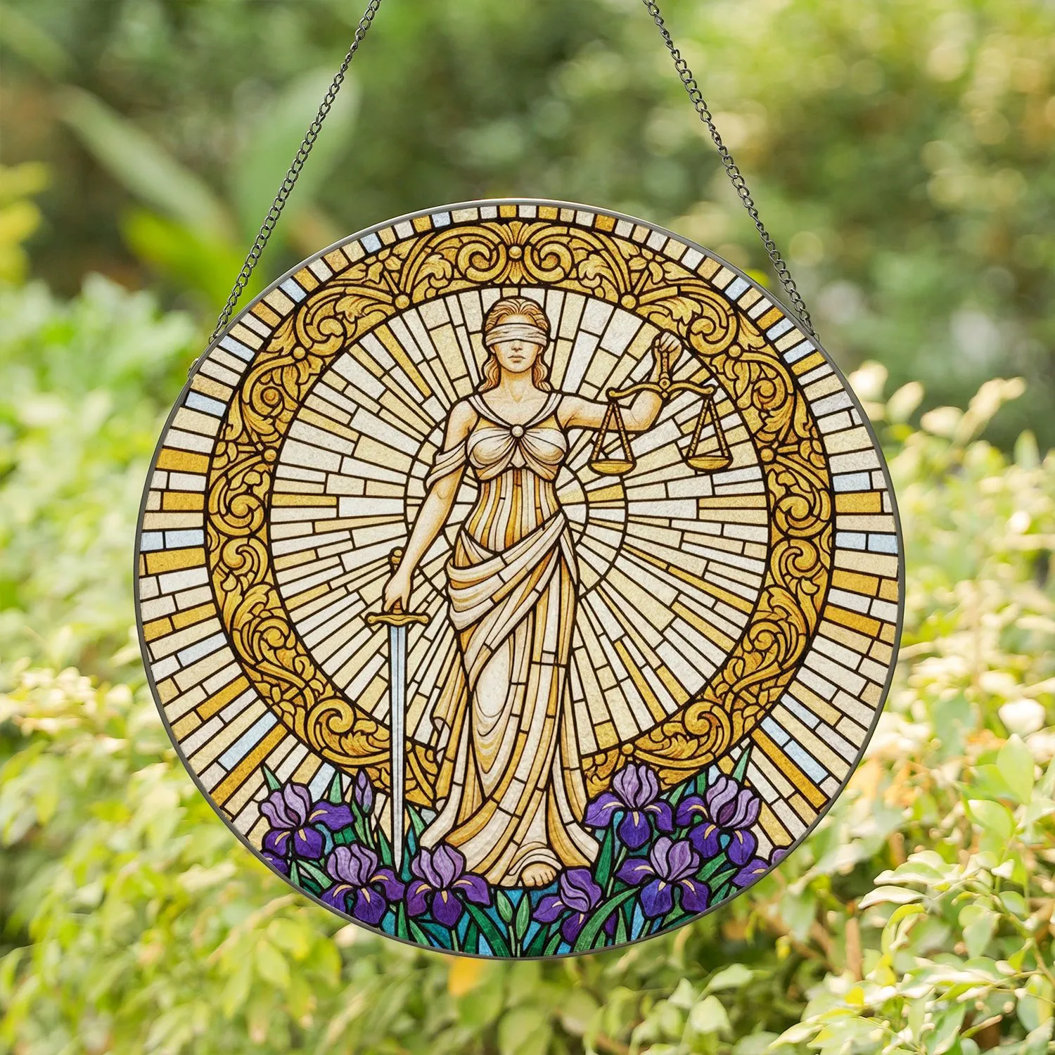 Lady Justice Stained Glass Jewel Tone Filigree Art - Sunburst Mosaic Purple Flowers Stained Glass Suncatcher - 1