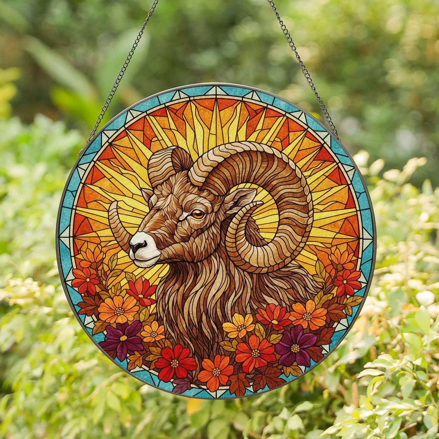 Bighorn Sheep Stained Glass Autumn Flowers Celestial Mosaic Art - Tiffany Style Decor Gift Stained Glass Suncatcher - 1