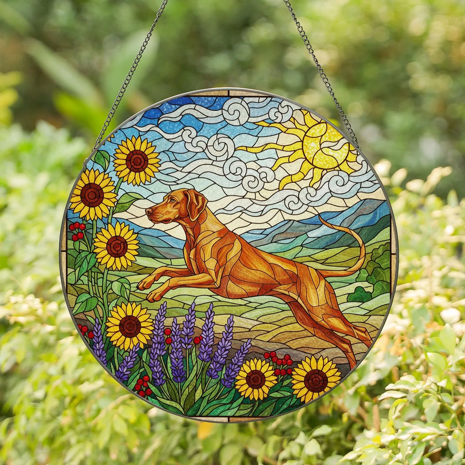 Amber Vizsla Dog Stained Glass Art, Colorful Sunflowers Lavender Mountains Tiffany Stained Glass Suncatcher - 1