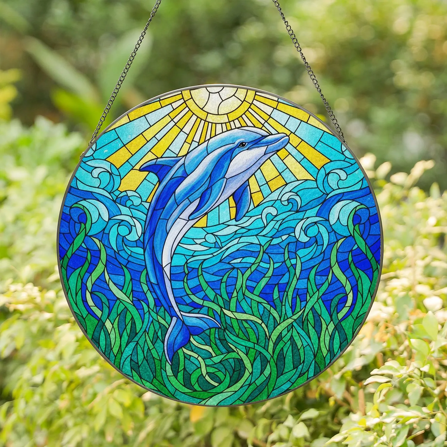 Leaping Bottlenose Dolphin Ocean Waves Seagrass - Tiffany Style Stained Glass Sunburst Jewel Tone Stained Glass Suncatcher - 1