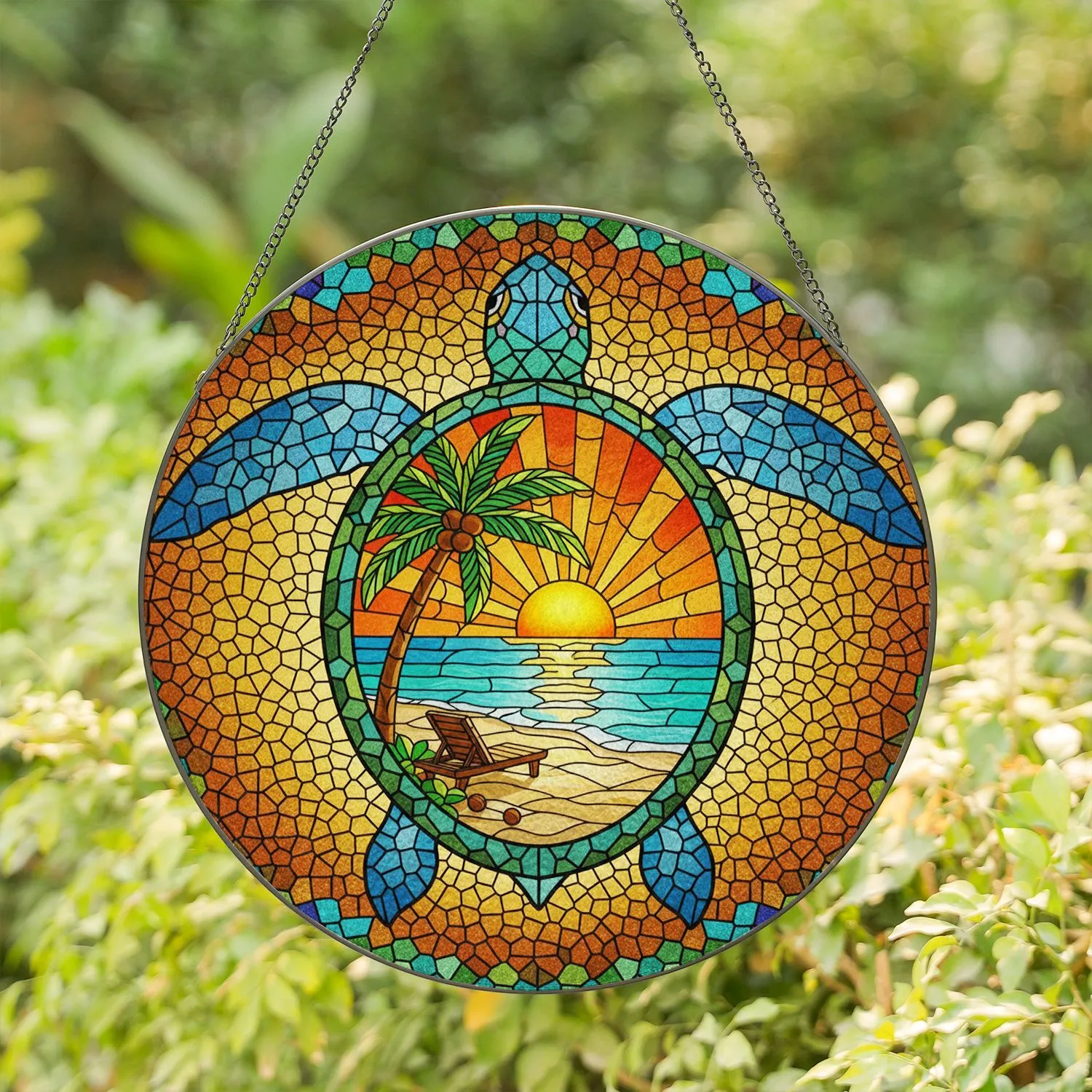 Sea Turtle Stained Glass Mosaic Tropical Beach Sunset Palm Tree Turquoise Ocean Art Stained Glass Suncatcher - 1