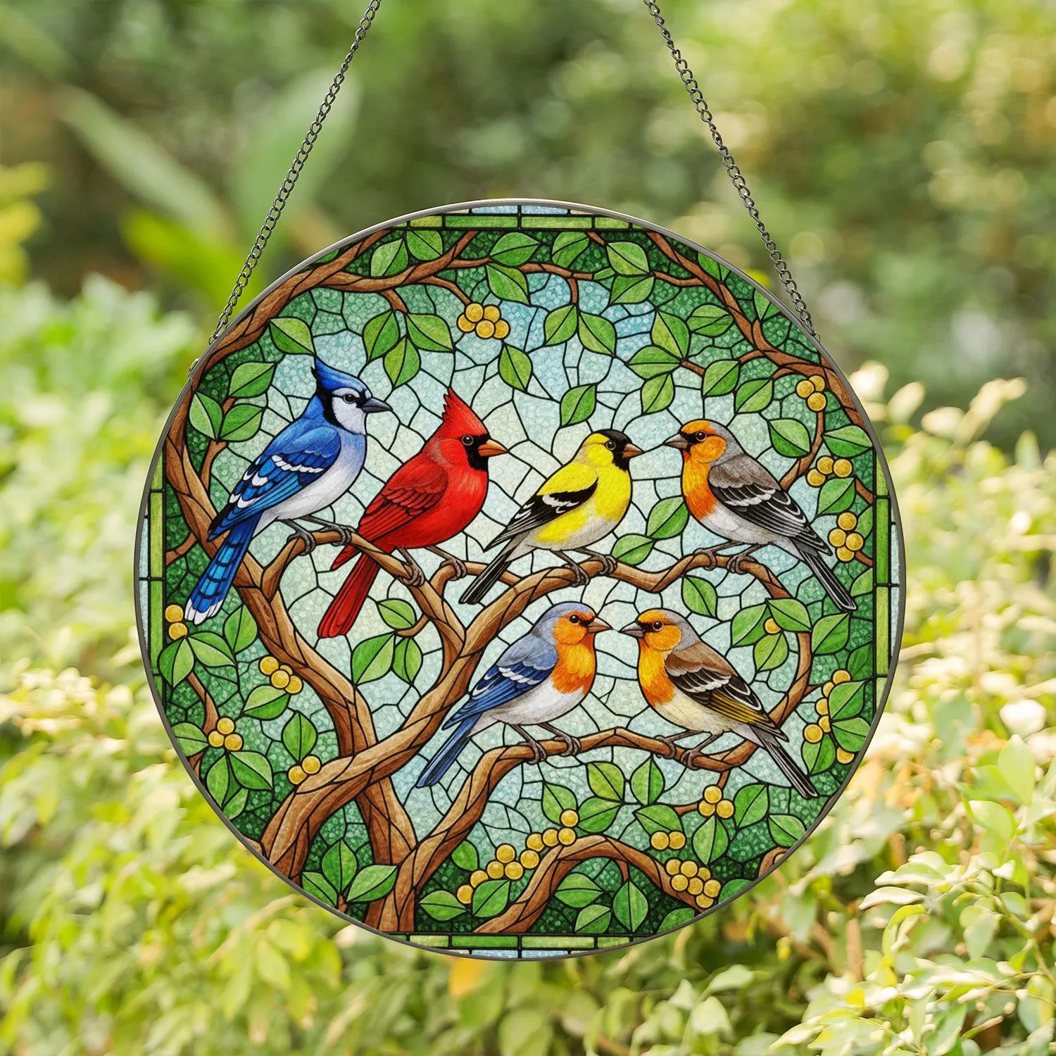 Six Distinct Songbirds Stained Glass Tiffany Style Tree Branch Art - Colorful Mosaic Jewel Tones Stained Glass Suncatcher - 1