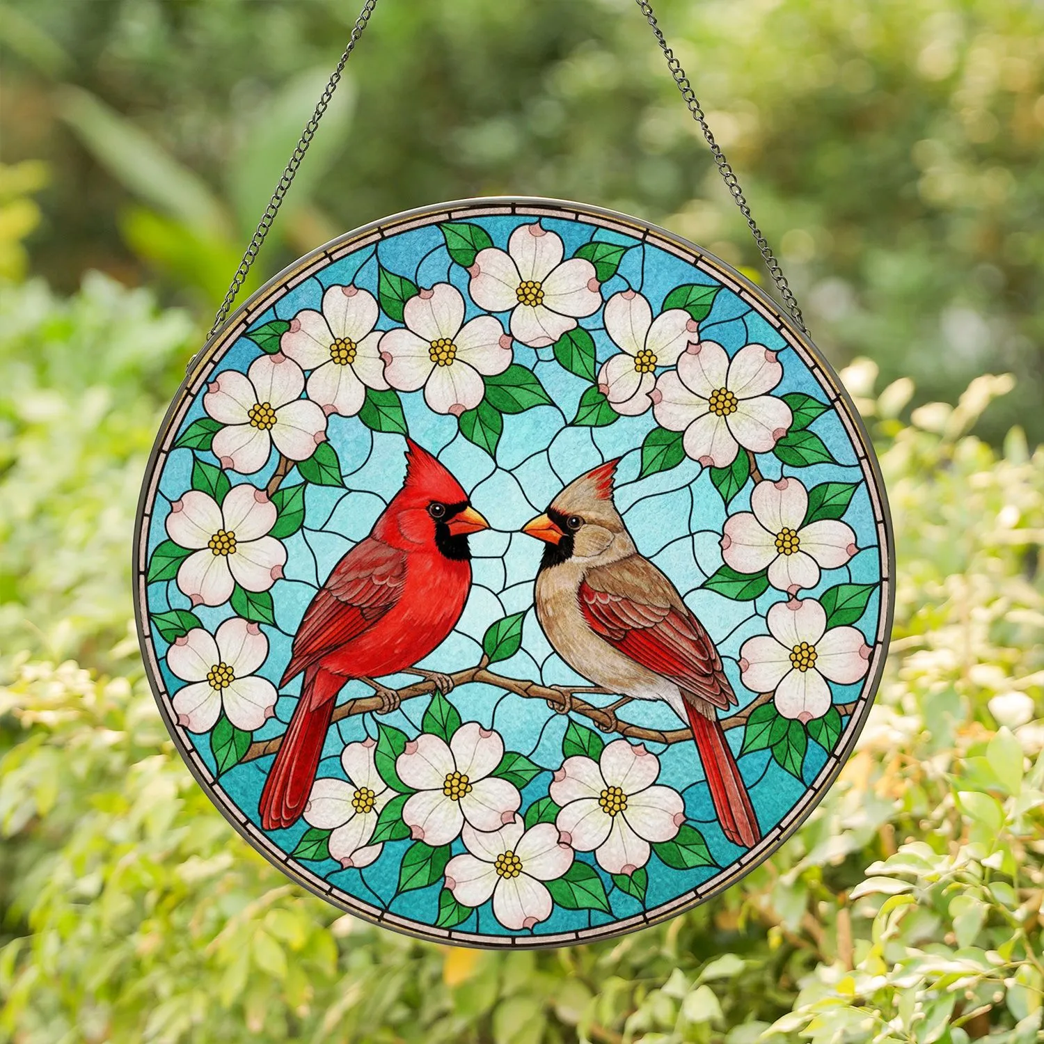 Northern Cardinals Dogwood Flowers Tiffany Stained Glass Intricate Mosaic Decor Stained Glass Suncatcher - 1