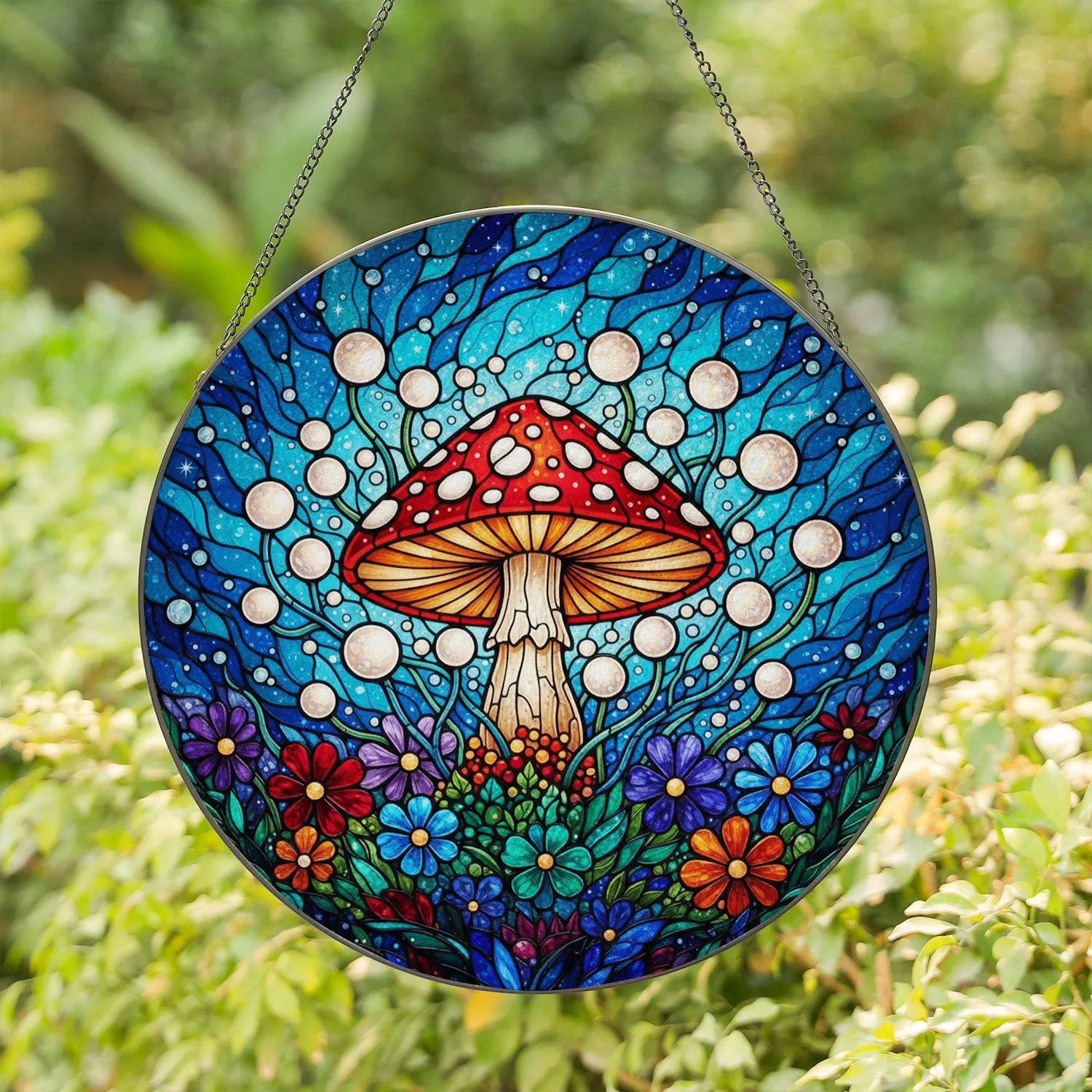 Tiffany Stained Glass Mushroom Celestial Mosaic Iridescent Orbs Glowing Fungi Art Stained Glass Suncatcher - 1