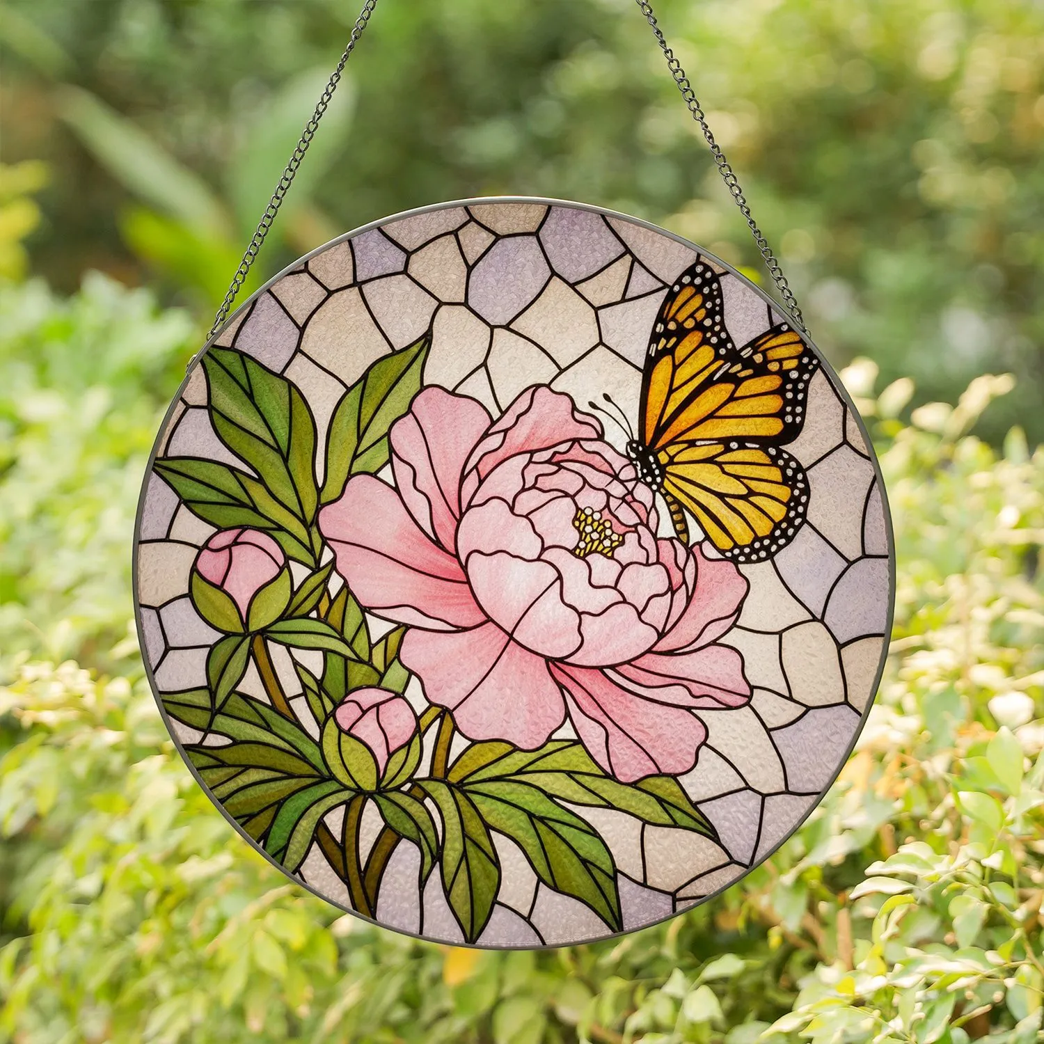 Pink Peony Monarch Butterfly Tiffany Stained Glass Art - Nature Lover Home Decor Gift Stained Glass Suncatcher - 1