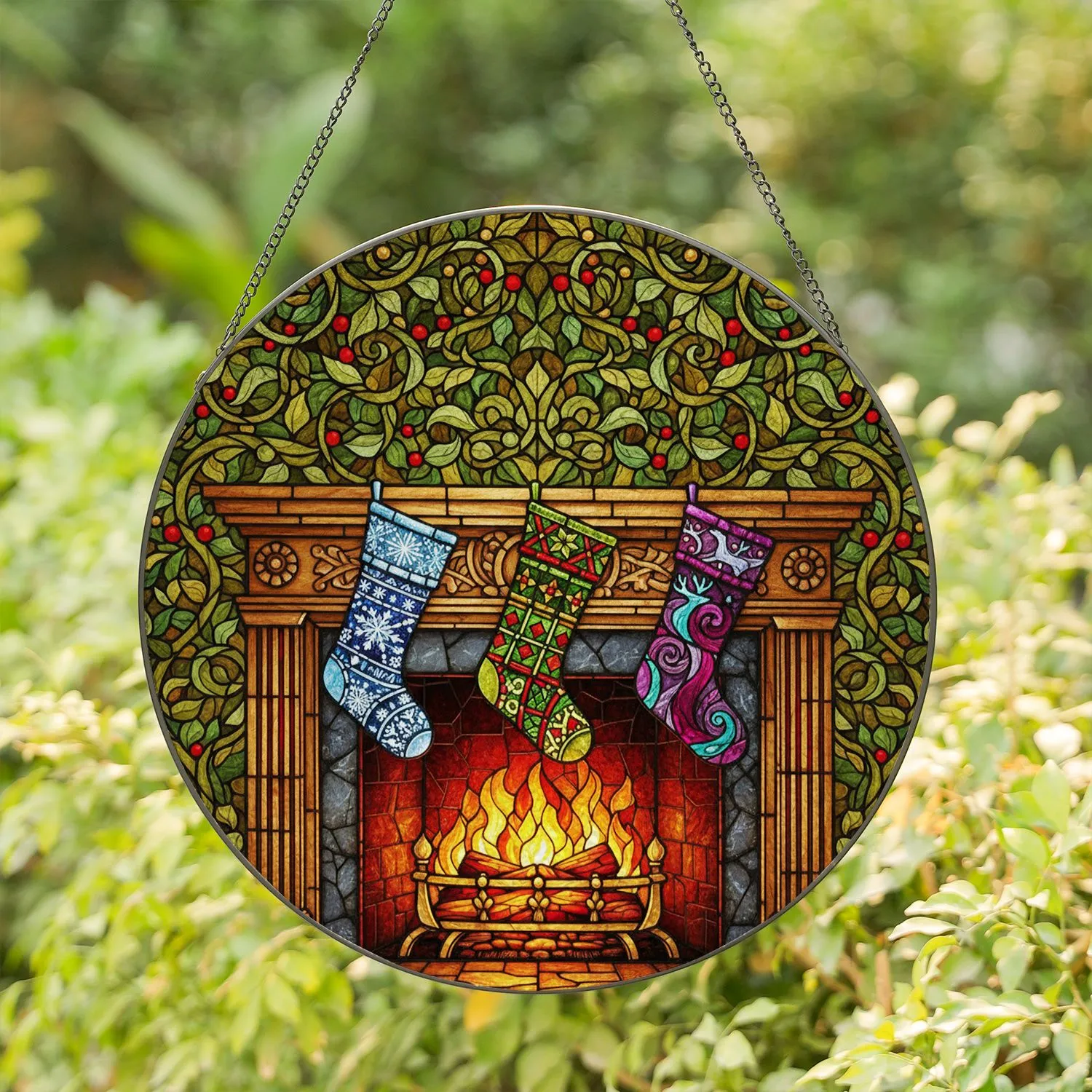 Stained Glass Fireplace Christmas Stockings - Roaring Fire Holiday Jewel Tone Decor Stained Glass Suncatcher - 1