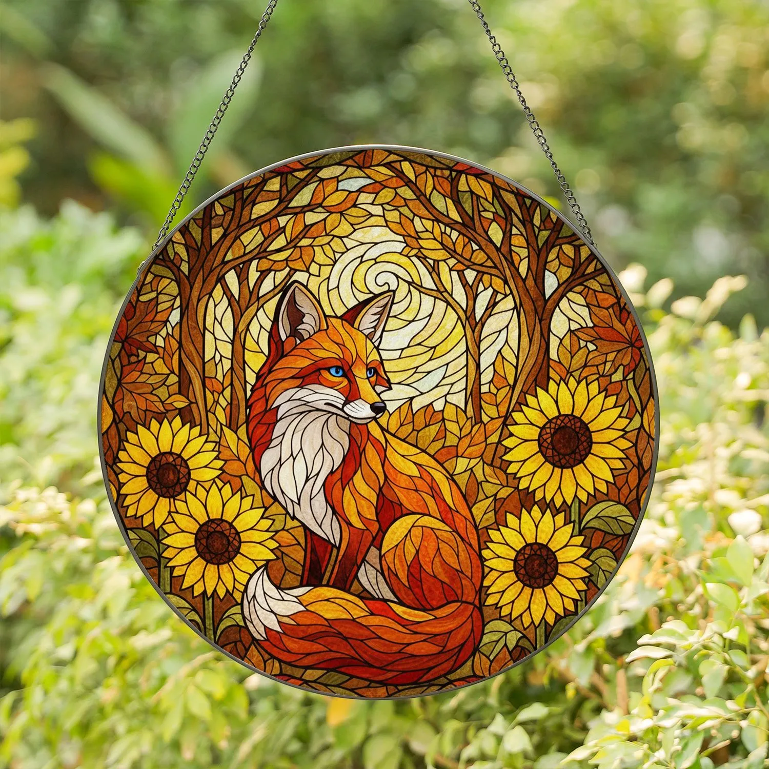 Stained Glass Fox Sunflowers Autumn Leaves Forest Tiffany Jewel Tones Sun Dappled Art Stained Glass Suncatcher - 1
