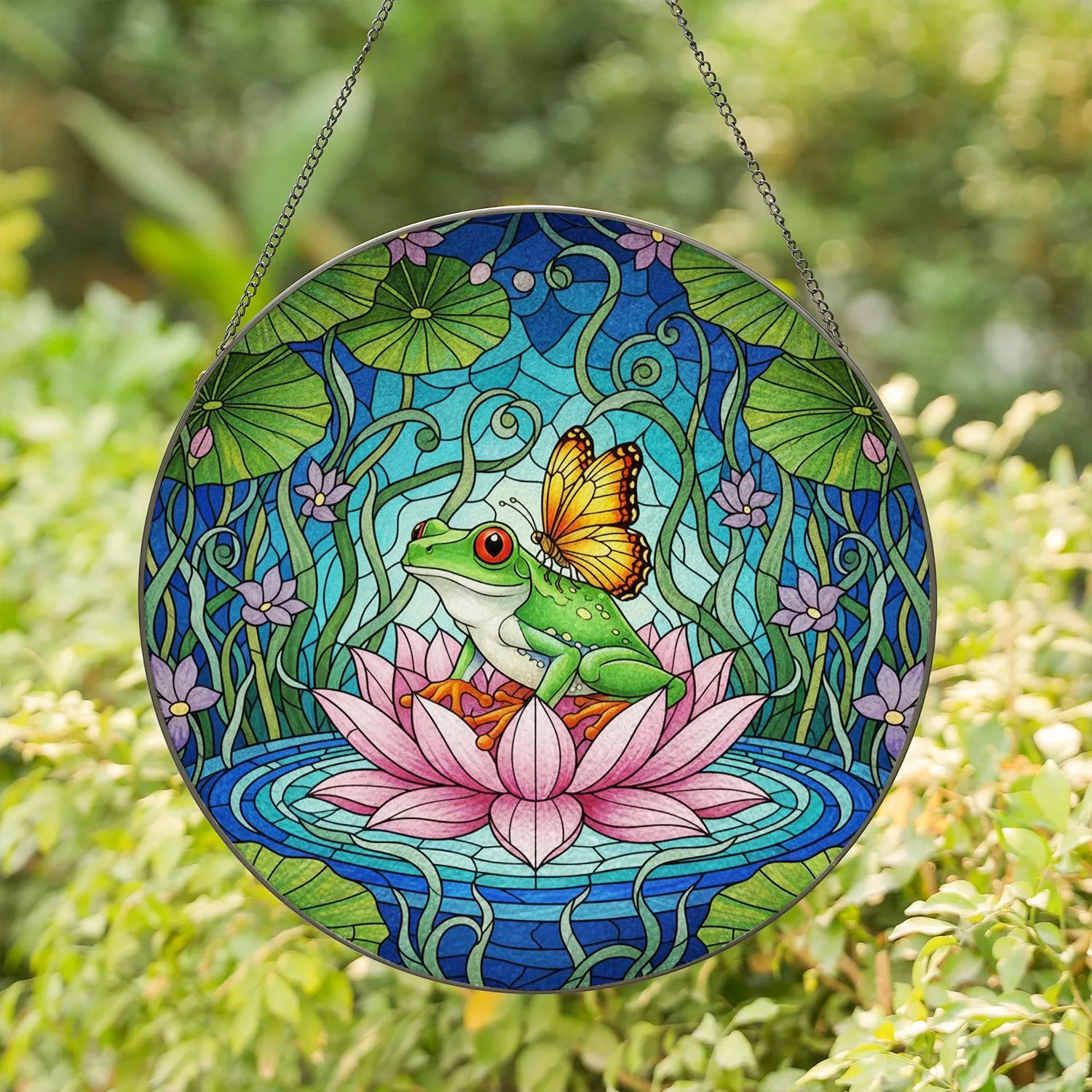 Red-Eyed Tree Frog Pink Lotus Butterfly Stained Glass Art - Aquatic Nature Decor Gift Stained Glass Suncatcher - 1