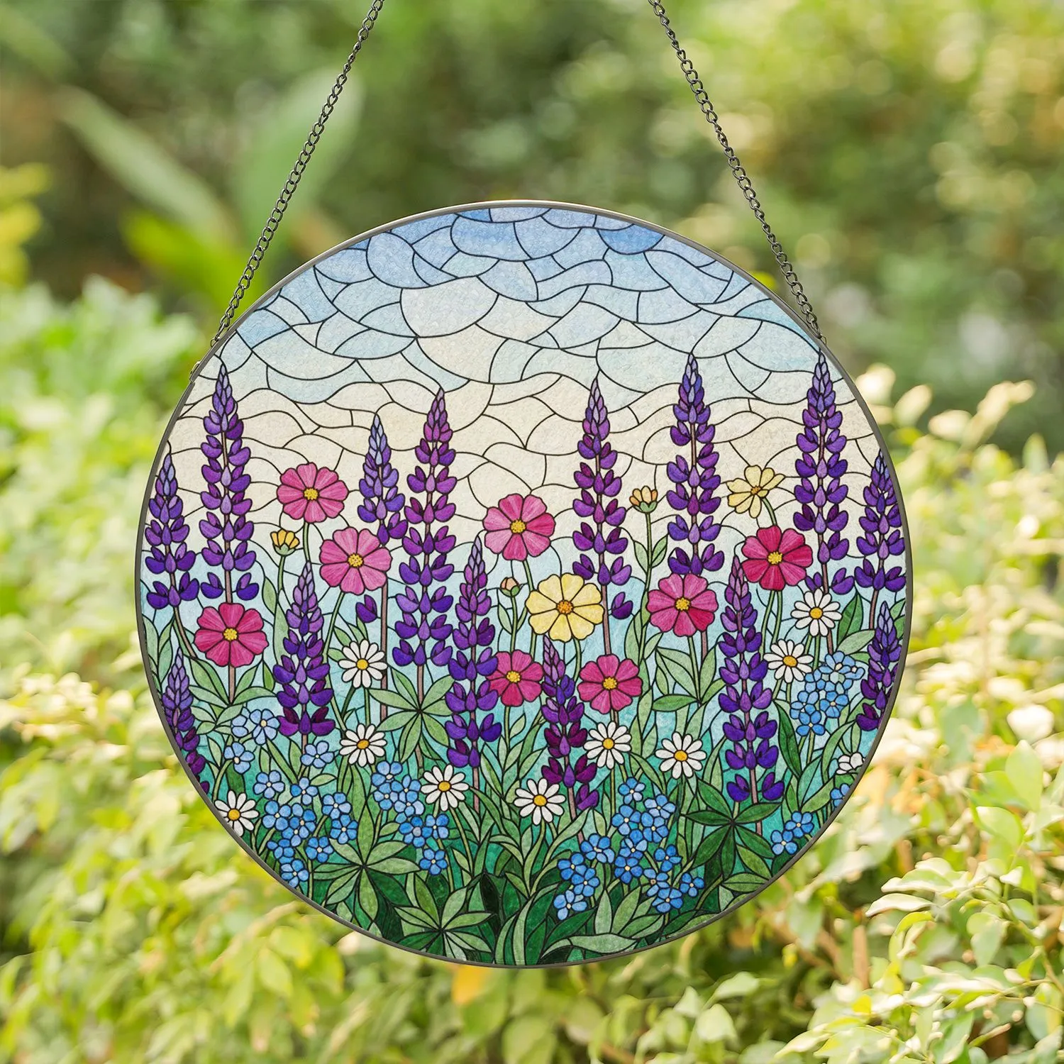 Stained Glass Wildflower Meadow - Tiffany Jewel Tone Sky Blue Yellow Mosaic Intricate Patterns Stained Glass Suncatcher - 1