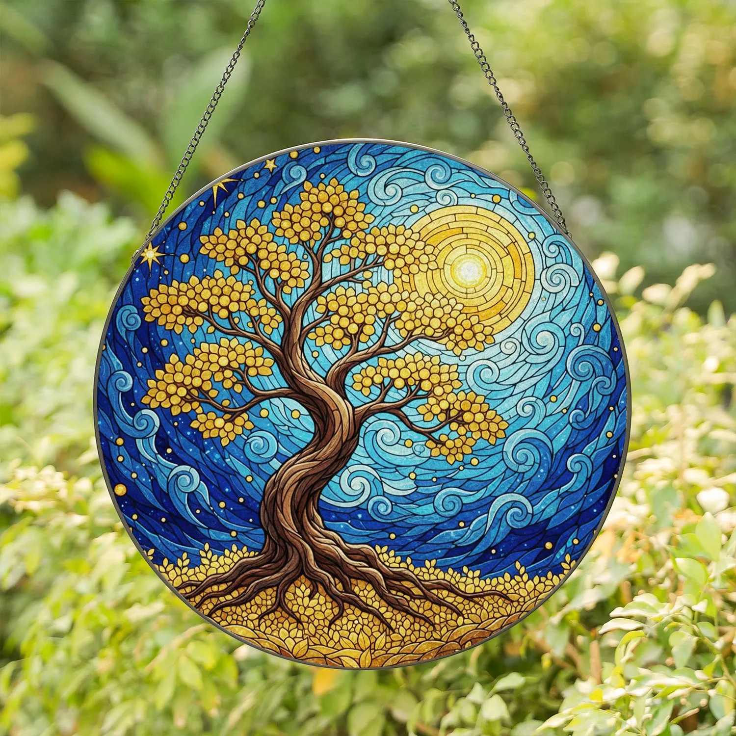 Majestic Tree Golden Leaves Moon Stars Rich Blue Night Sky Tiffany Stained Glass Stained Glass Suncatcher - 1