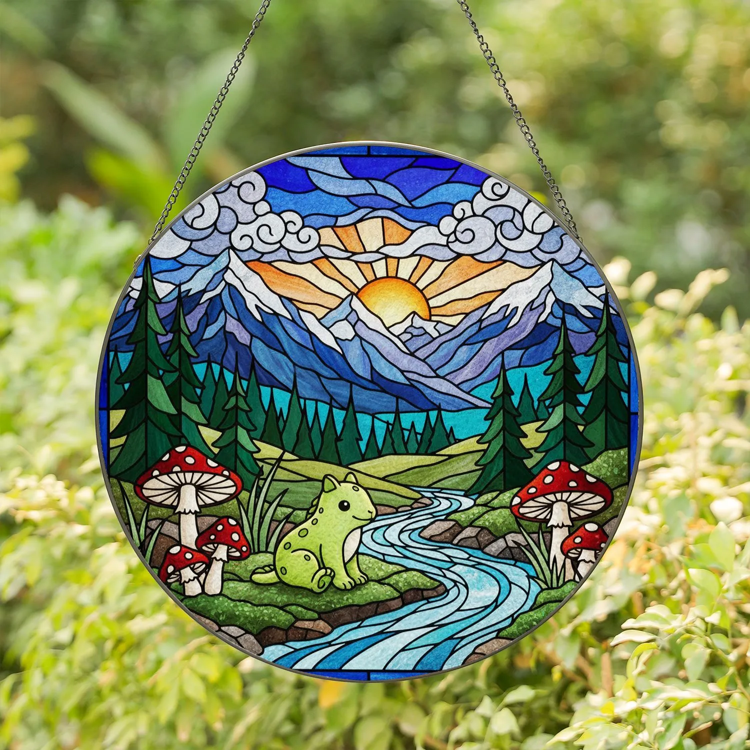 Green Creature Mossy Rock River Red Mushroom Mountain Peaks Pine Trees Sun Stained Glass Suncatcher - 1