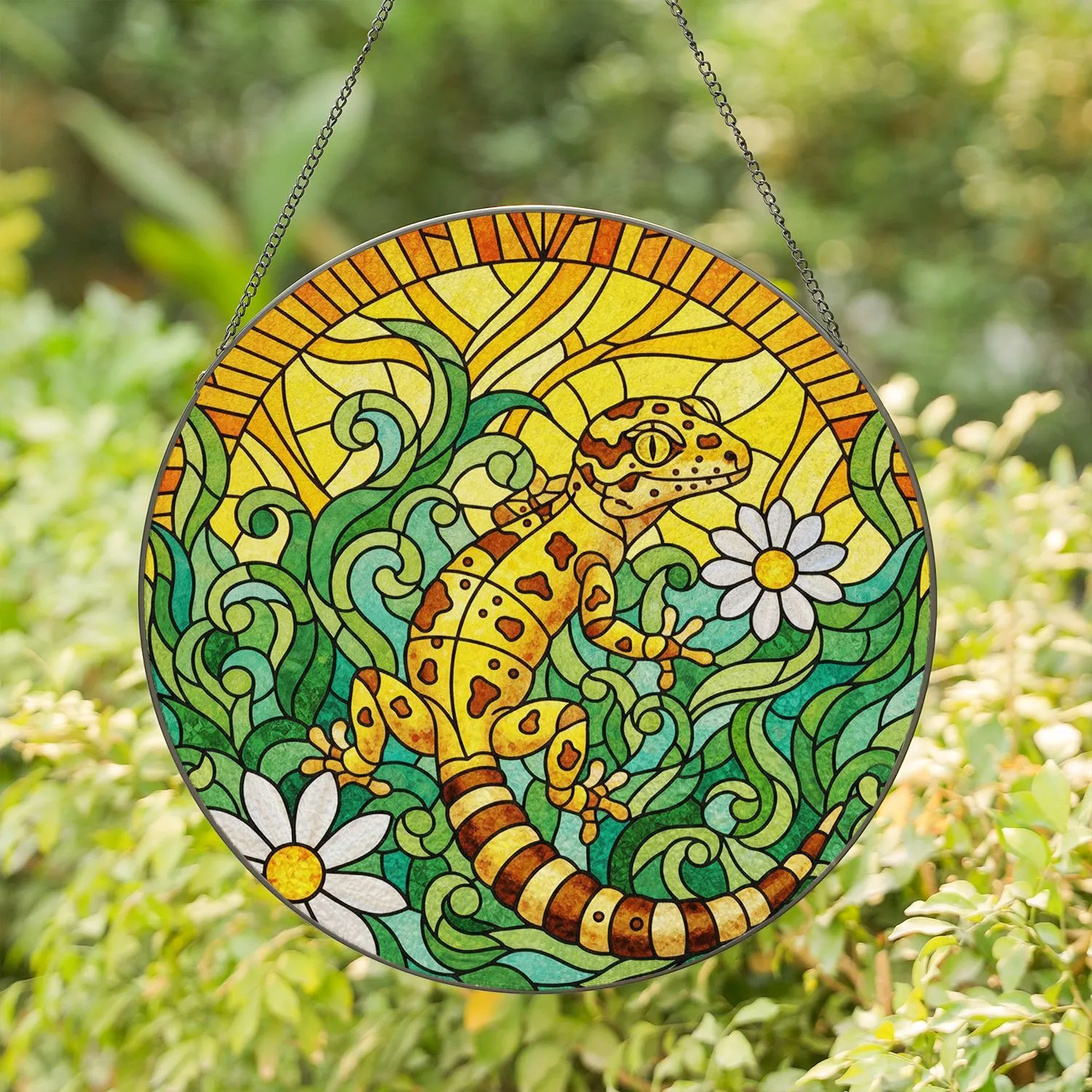 Vibrant Leopard Gecko Daisy Flowers Stained Glass Mosaic - Tiffany Jewel Tones Art Decor Stained Glass Suncatcher - 1