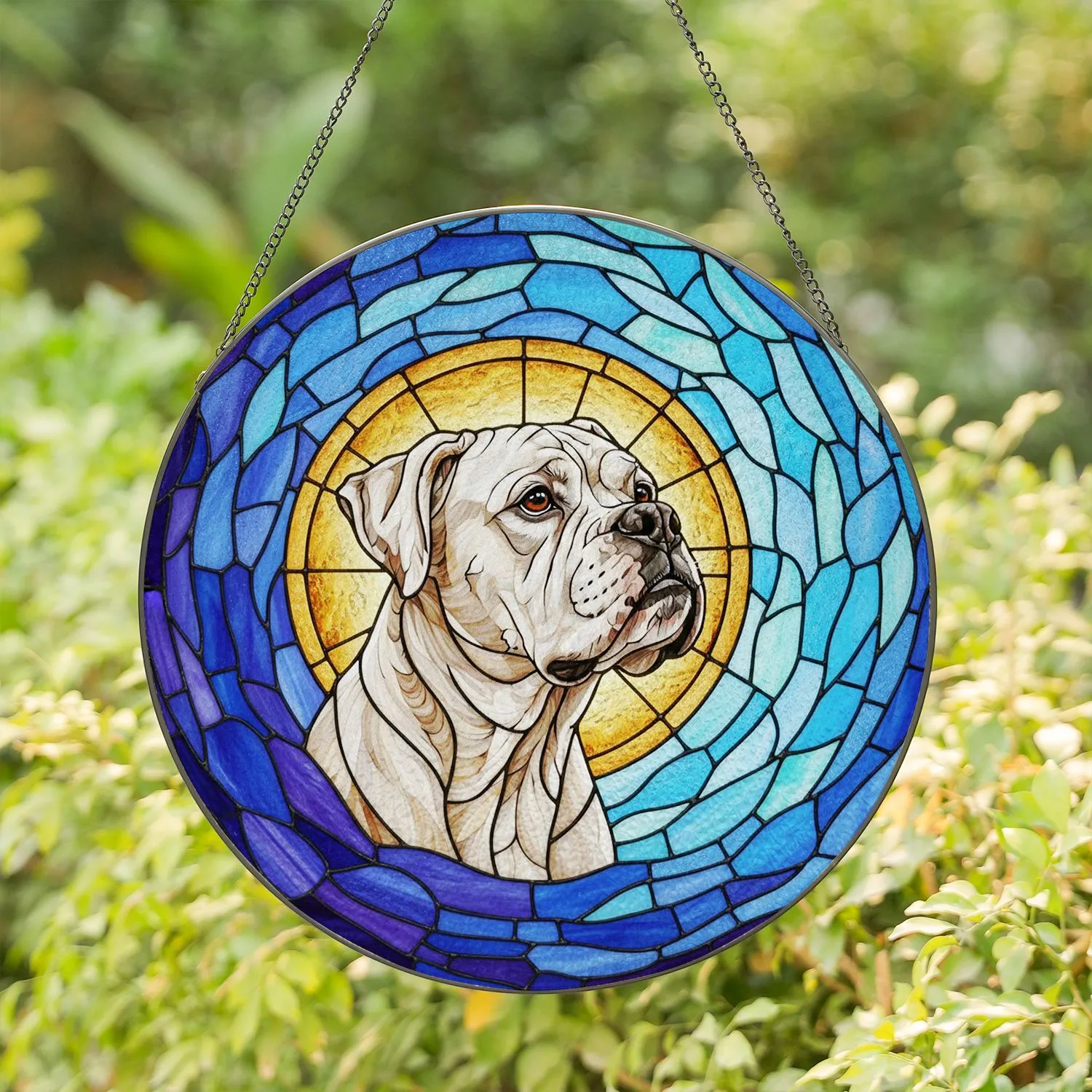 White Boxer Dog Stained Glass - Tiffany Style Jewel Tone Crescent Sun Mosaic Home Decor Gift Stained Glass Suncatcher - 1
