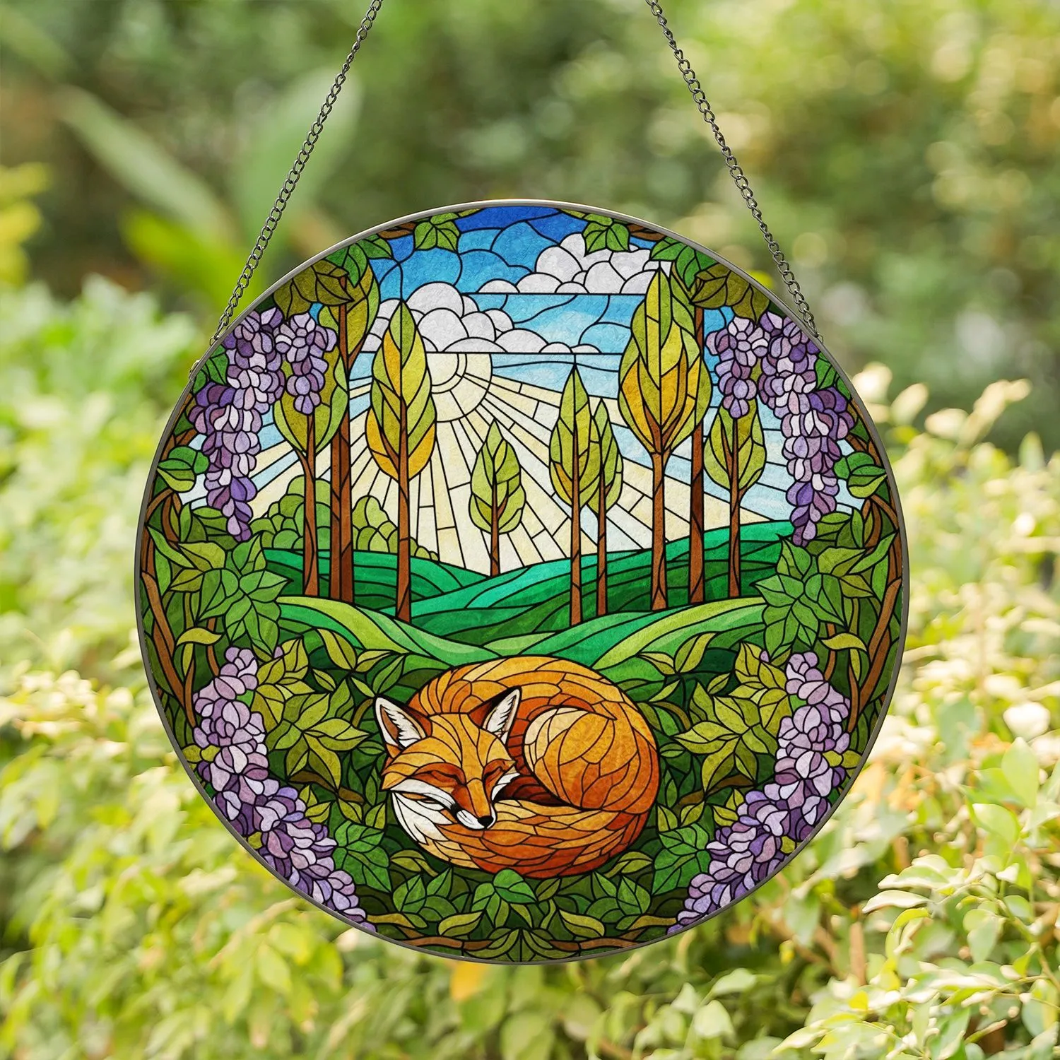 Sleeping Fox Stained Glass Mosaic with Wisteria Leaves & Rolling Hills Jewel Tone Art Stained Glass Suncatcher - 1