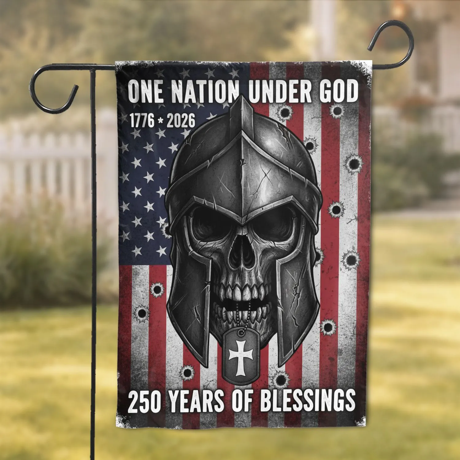 Spartan Skull Helmet Dog Tag Cross - One Nation Under God 250th Anniversary 1776-2026 Garden Flag - 1
