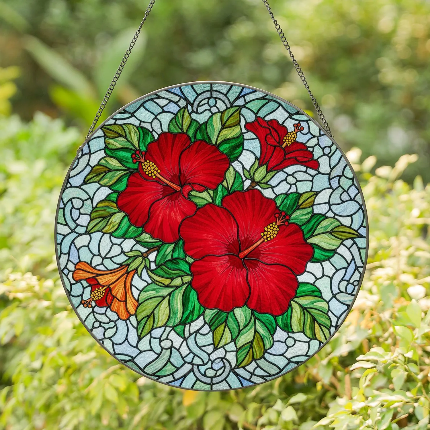 Red Hibiscus Flower Stained Glass Mosaic - Tiffany Style Floral Home Decor Window Art Stained Glass Suncatcher - 1