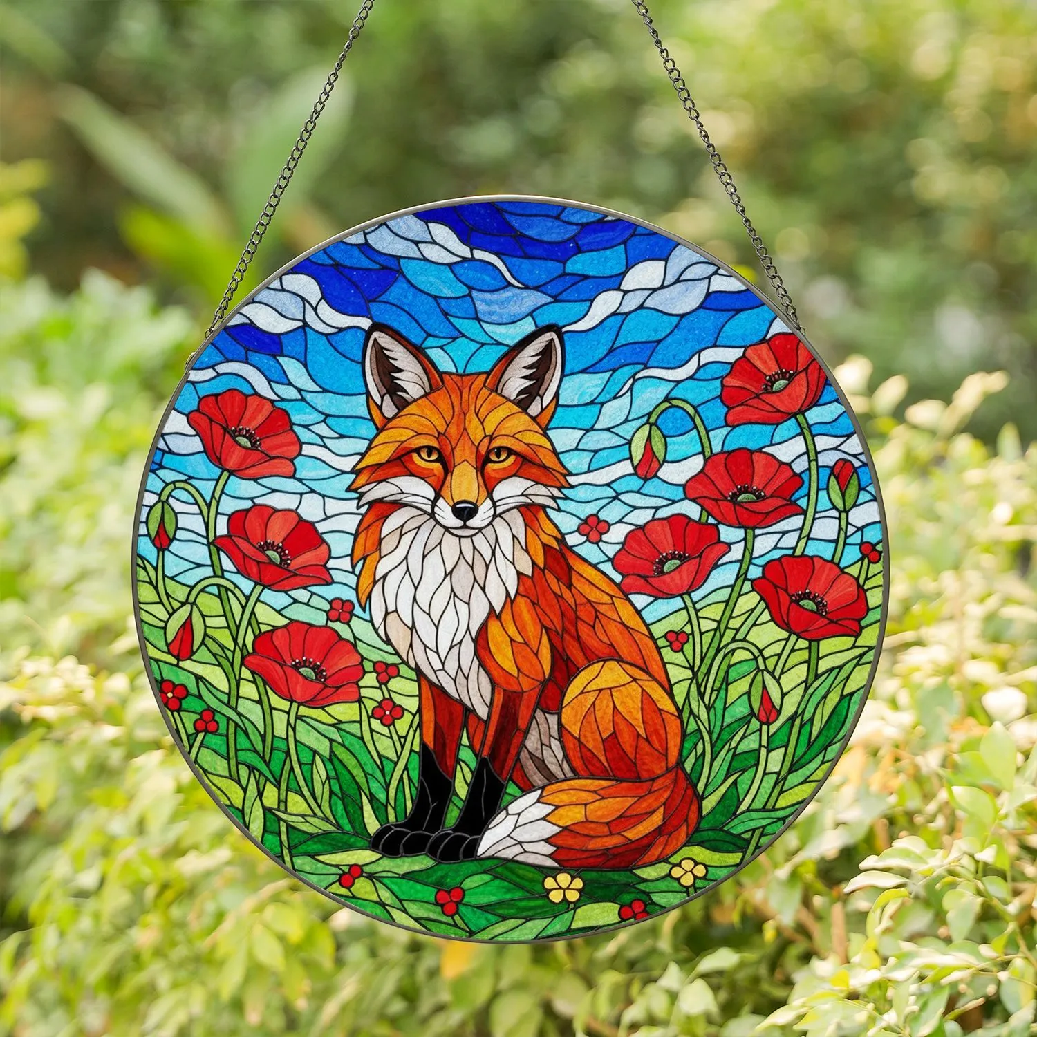 Majestic Red Fox Poppies Stained Glass Tiffany Art - Edge-to-Edge Mosaic Nature Decor Gift Stained Glass Suncatcher - 1