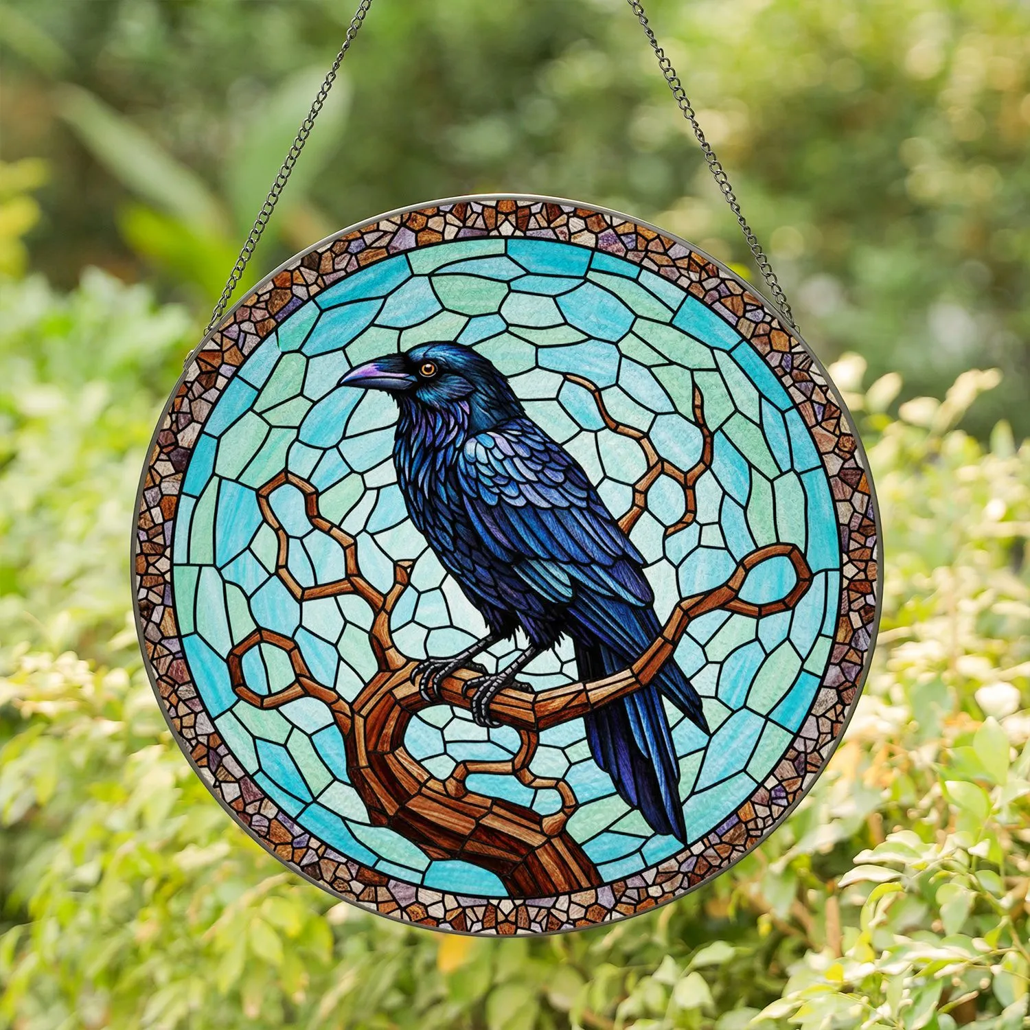 Iridescent Black Raven Stained Glass - Tiffany Style Metallic Feather Mosaic Art Stained Glass Suncatcher - 1