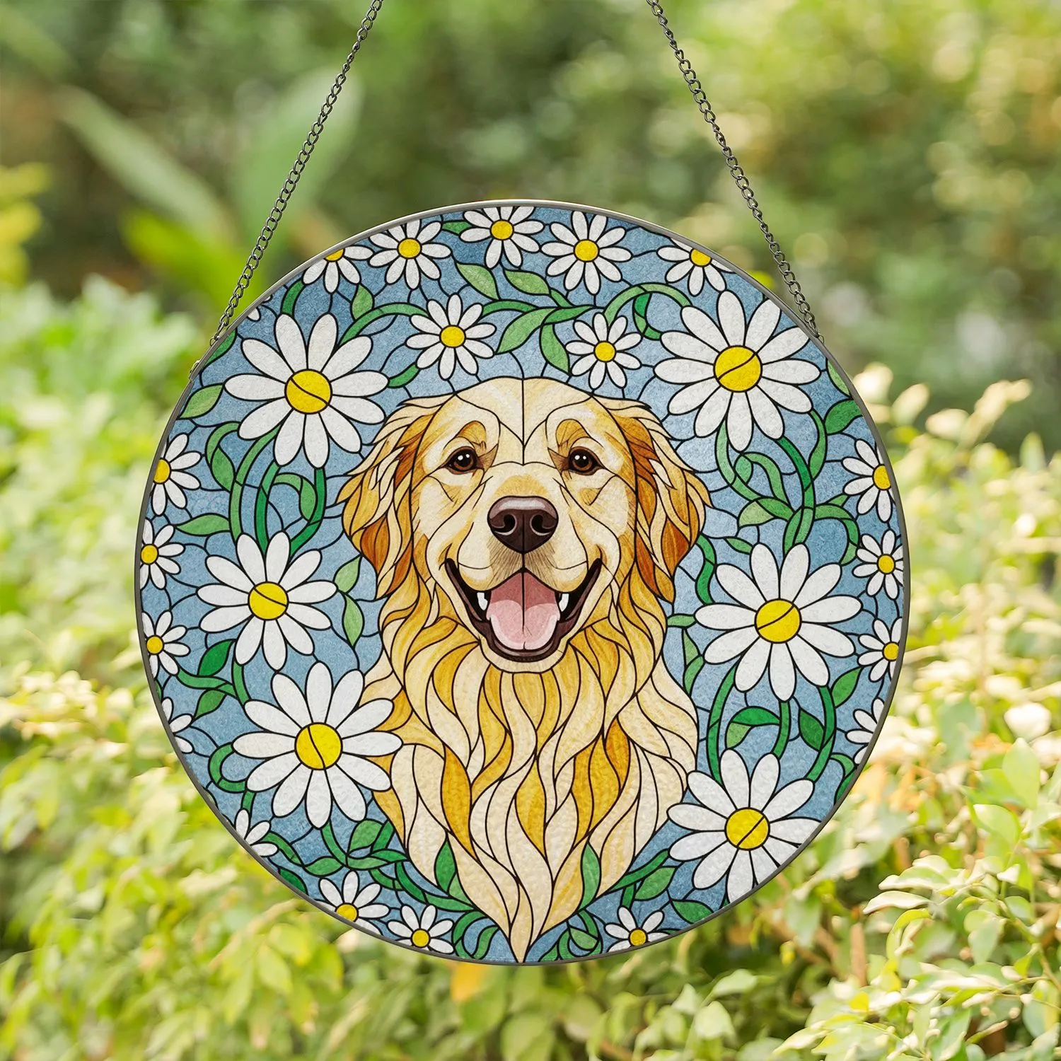 Smiling Golden Retriever Dog Tiffany Style Stained Glass Daisies Jewel Tone Floral Mosaic Stained Glass Suncatcher - 1