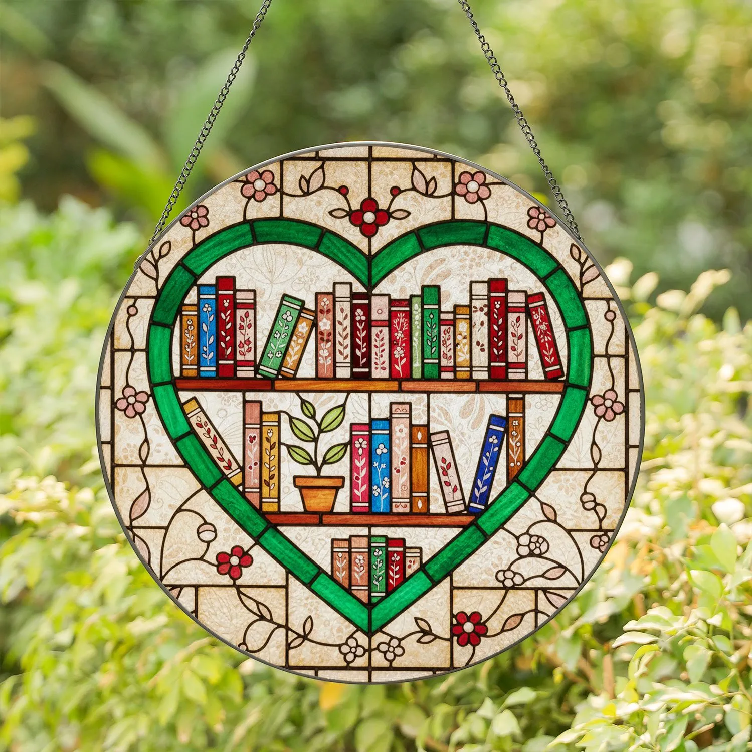 Detailed Heart Bookshelf Stained Glass Books Botanical Mosaic - Luminous Jewel Tones Art Stained Glass Suncatcher - 1